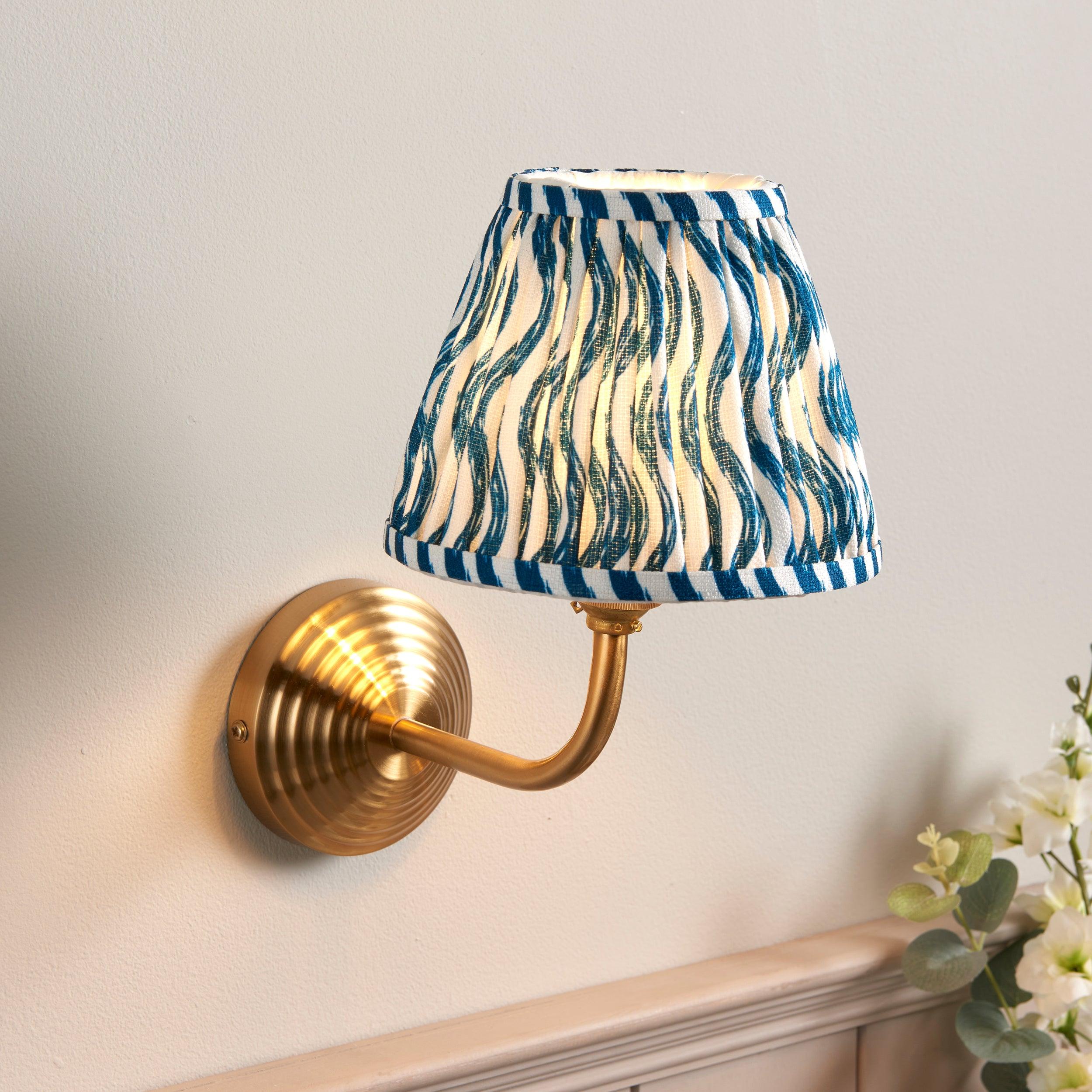 Obelisk Arc Brass Wall Light & Ripple 16cm Marlin Blue Shade