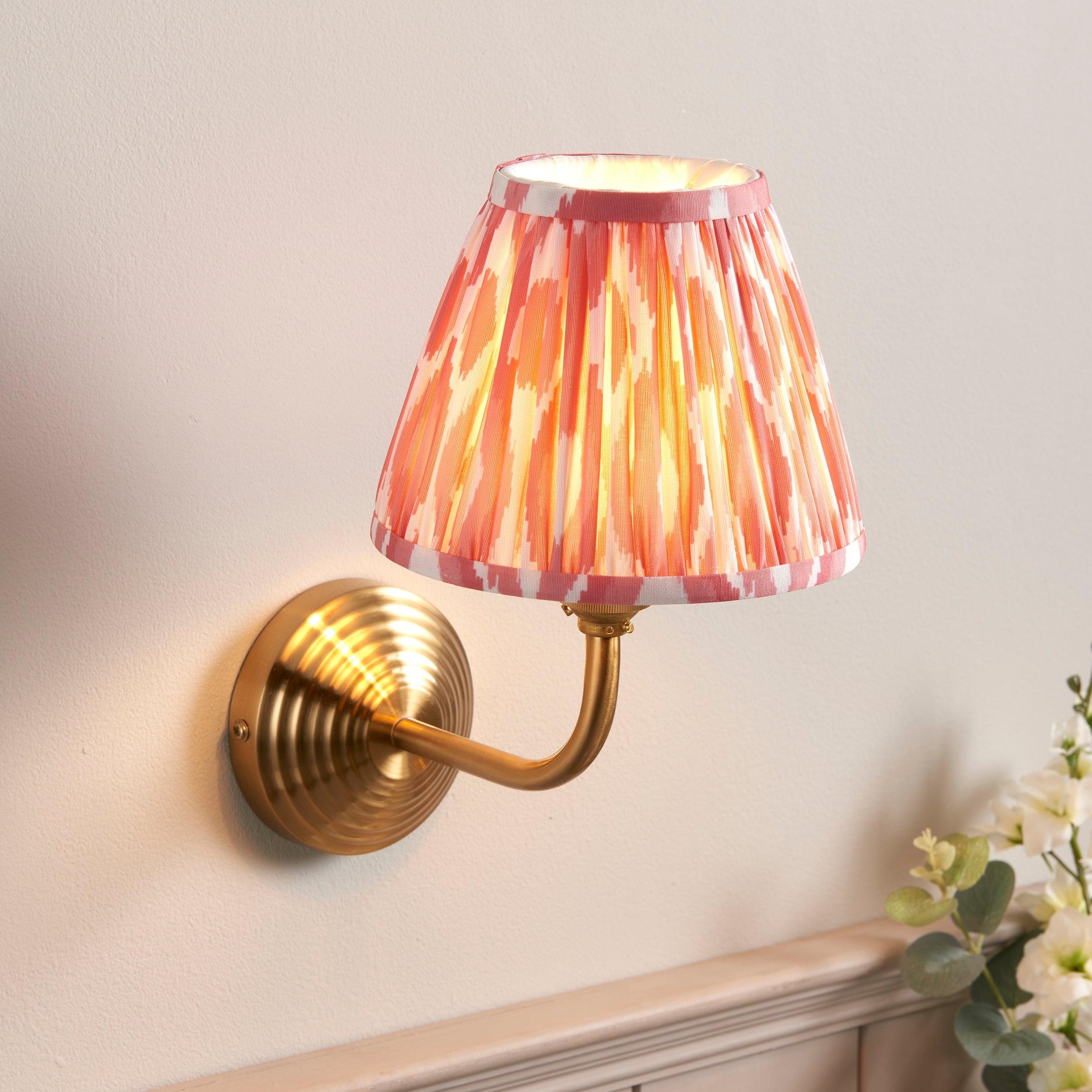 Obelisk Arc Brass Wall Light & Ikat 16cm Coral Pink Shade