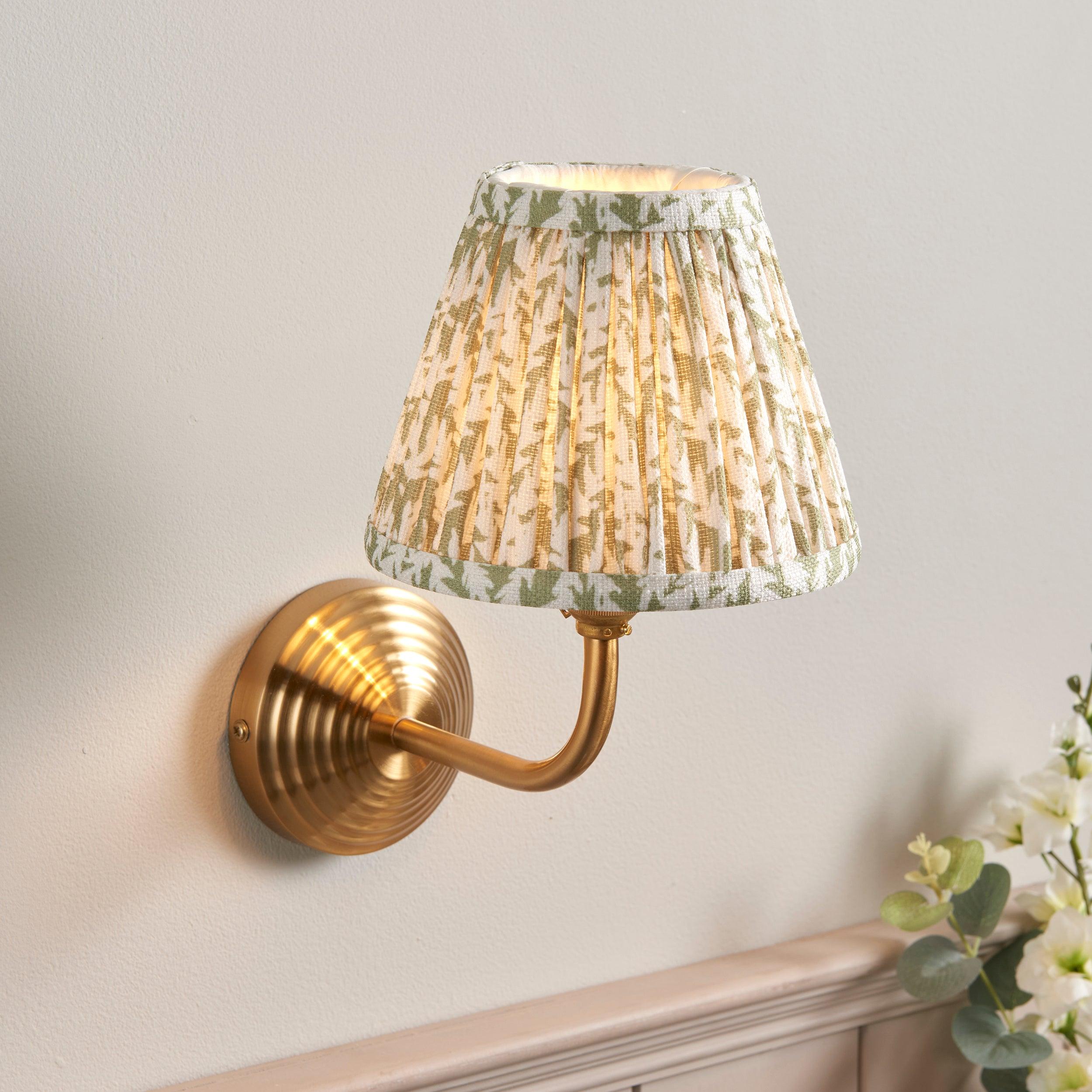 Obelisk Arc Brass Wall Light & Leaf 16cm Herb Garden Green Shade