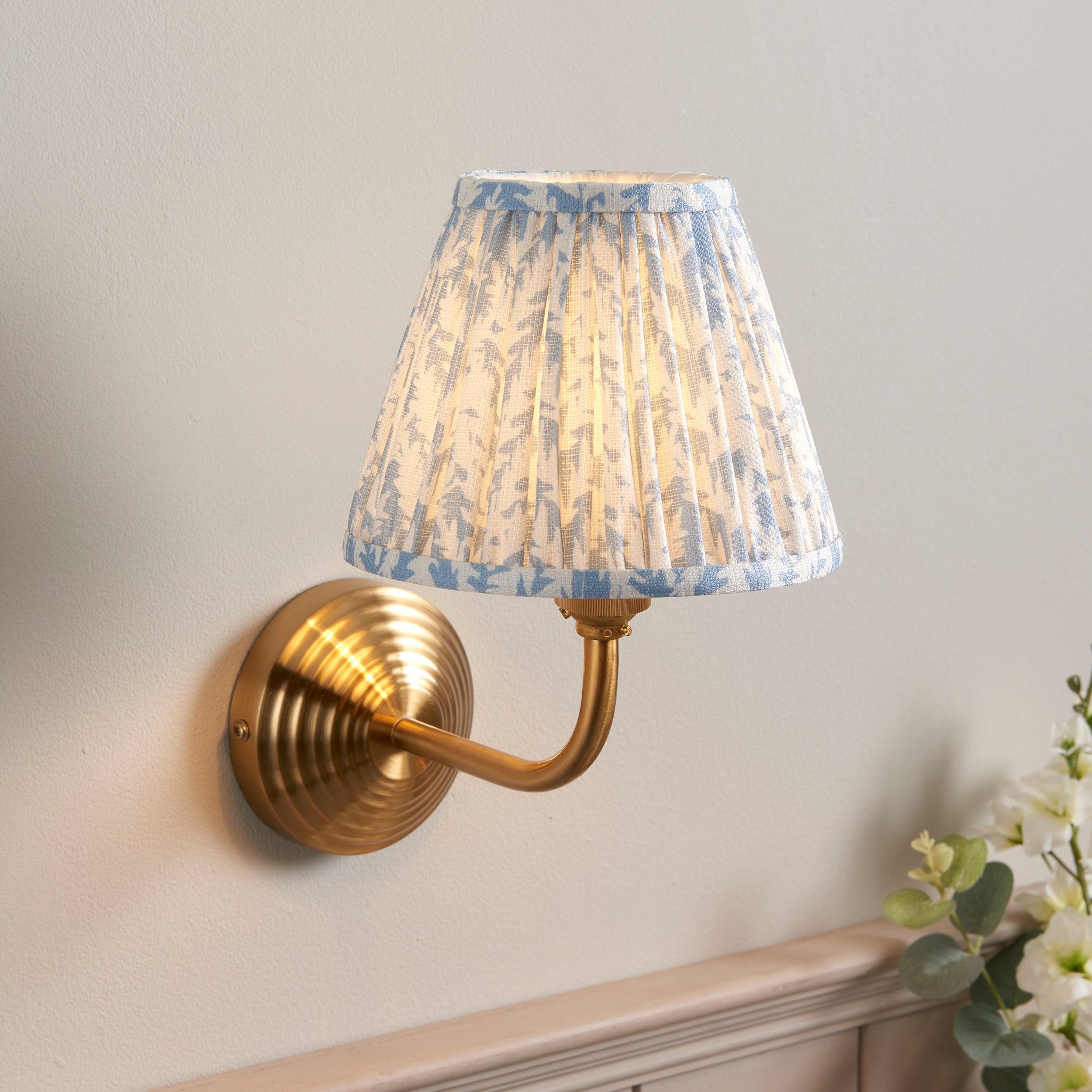 Obelisk Arc Brass Wall Light & Leaf 16cm Shell Bay Blue Shade