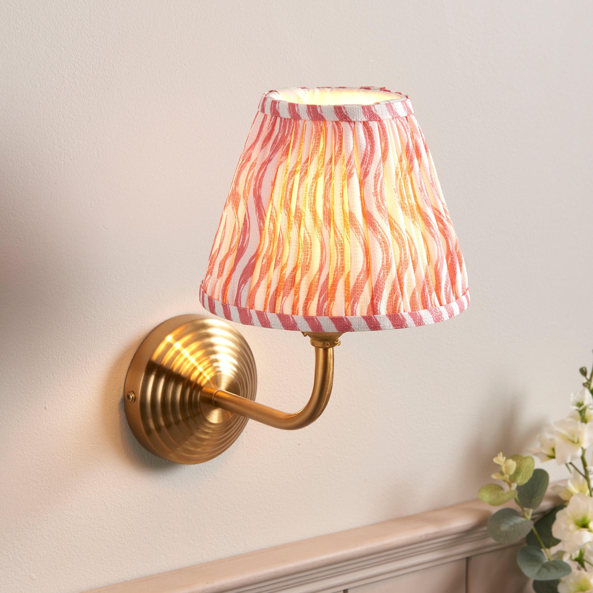 Obelisk Arc Brass Wall Light & Ripple 16cm Coral Pink Shade