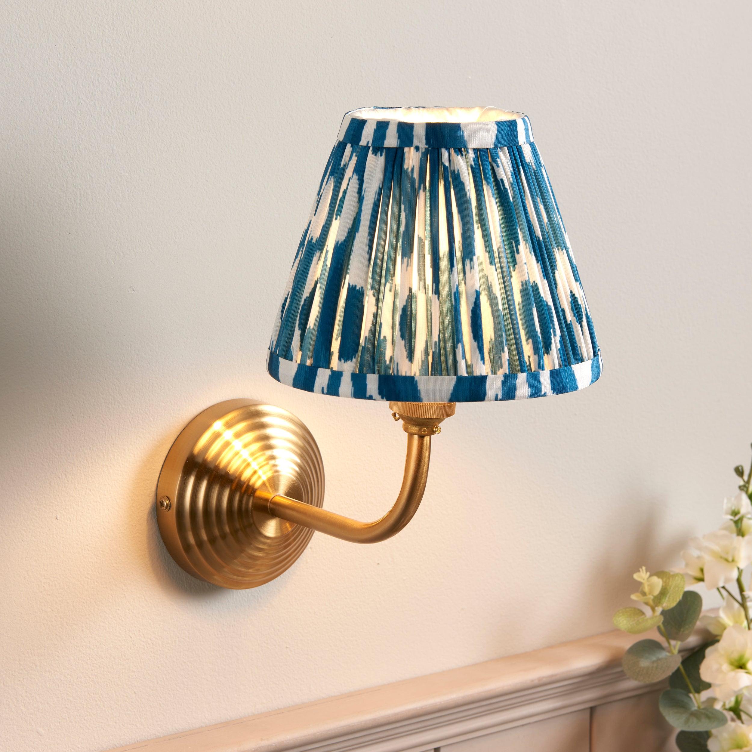 Obelisk Arc Brass Wall Light & Ikat 16cm Marlin Blue Shade