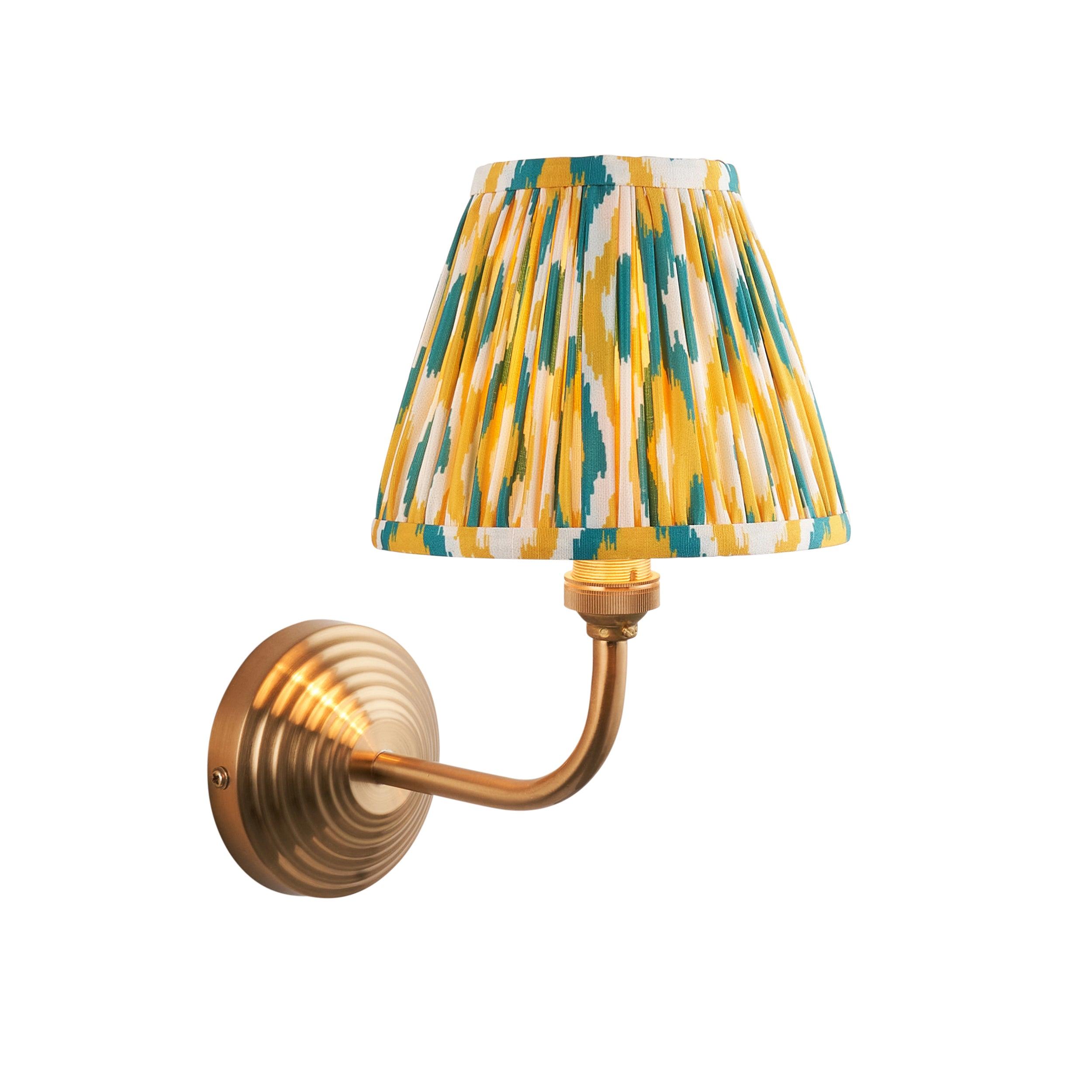 Obelisk Arc Brass Wall Light & Ikat 16cm Yellow & Jade Shade