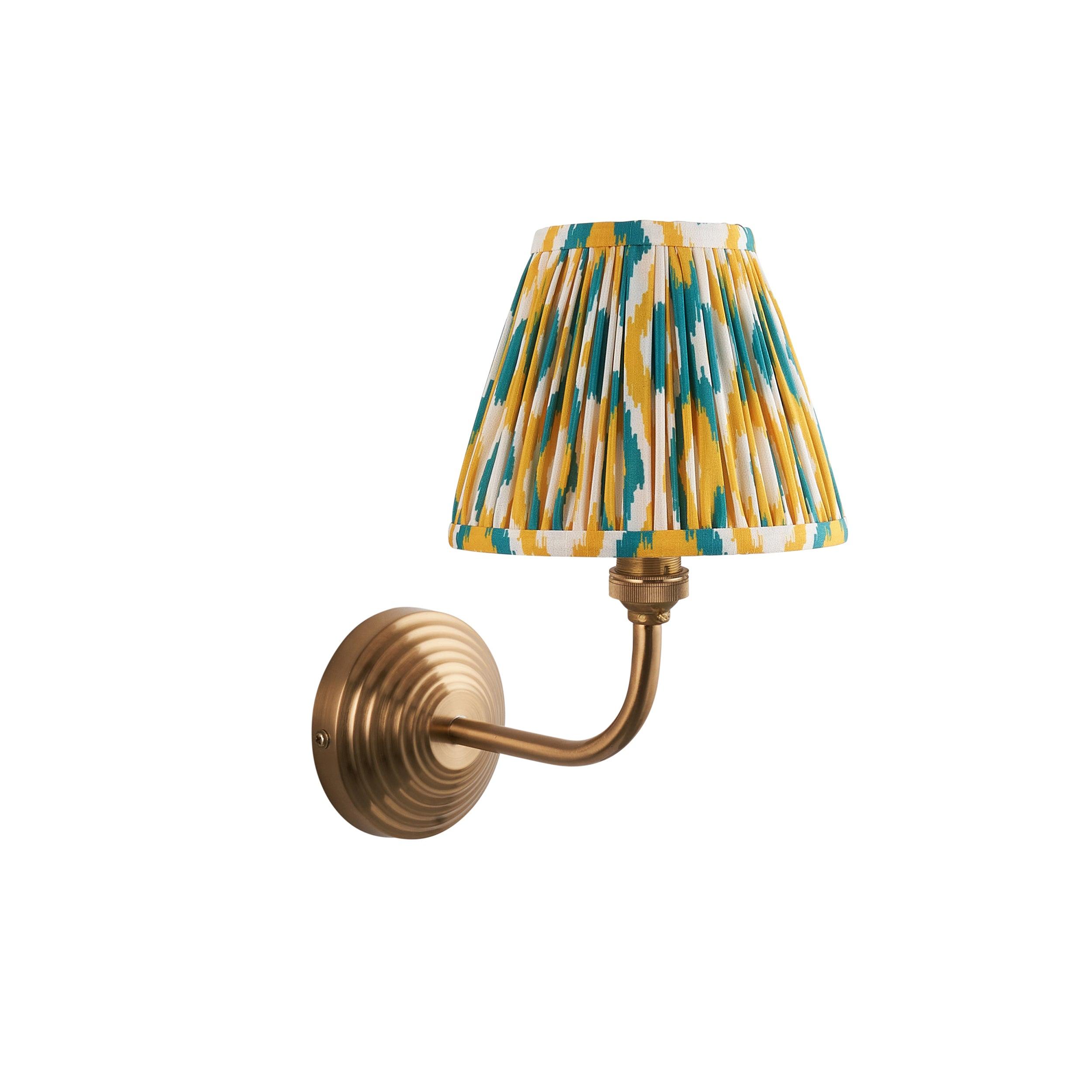 Obelisk Arc Brass Wall Light & Ikat 16cm Yellow & Jade Shade