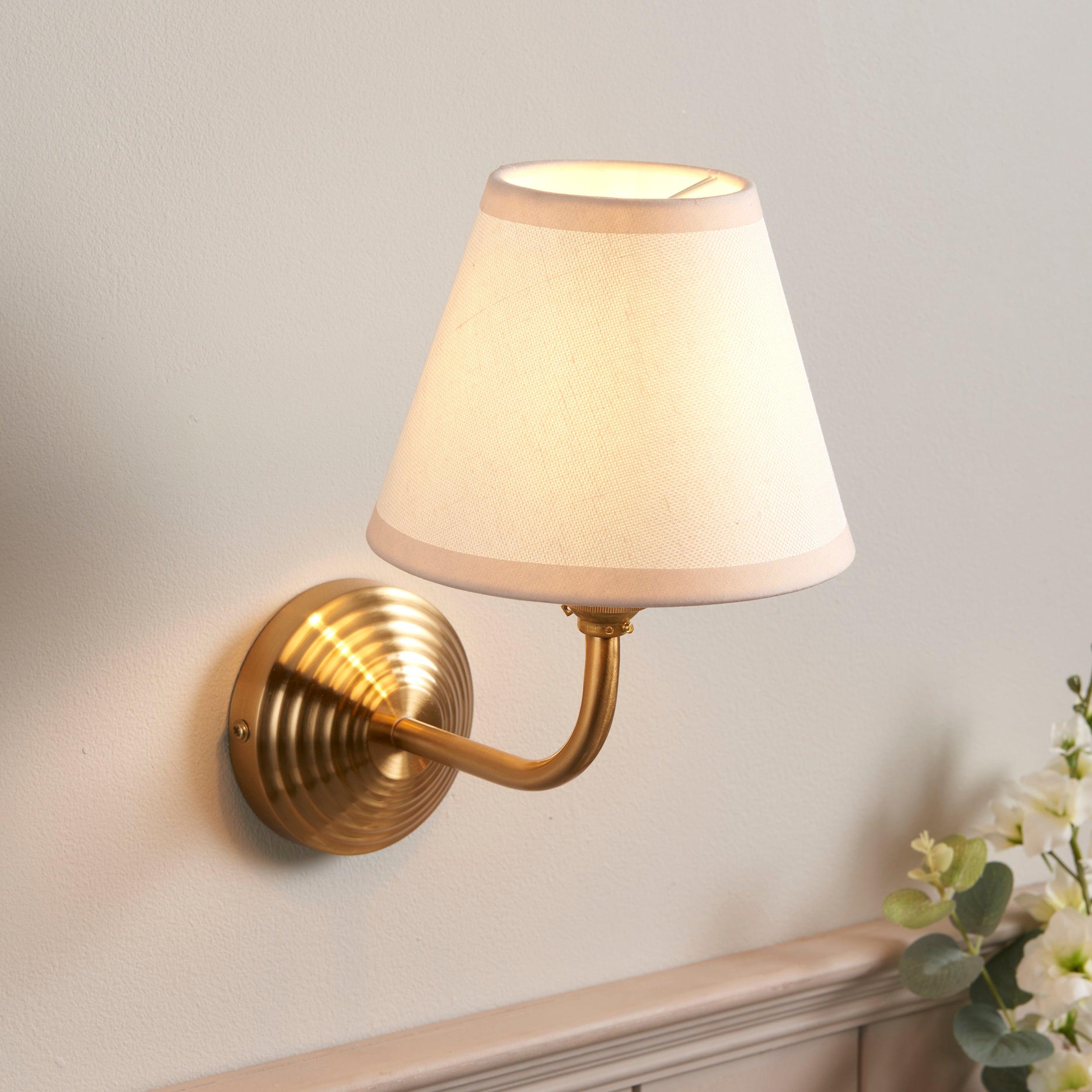 Obelisk Arc Brass Wall Light & Ivy 16cm Vintage white Shade