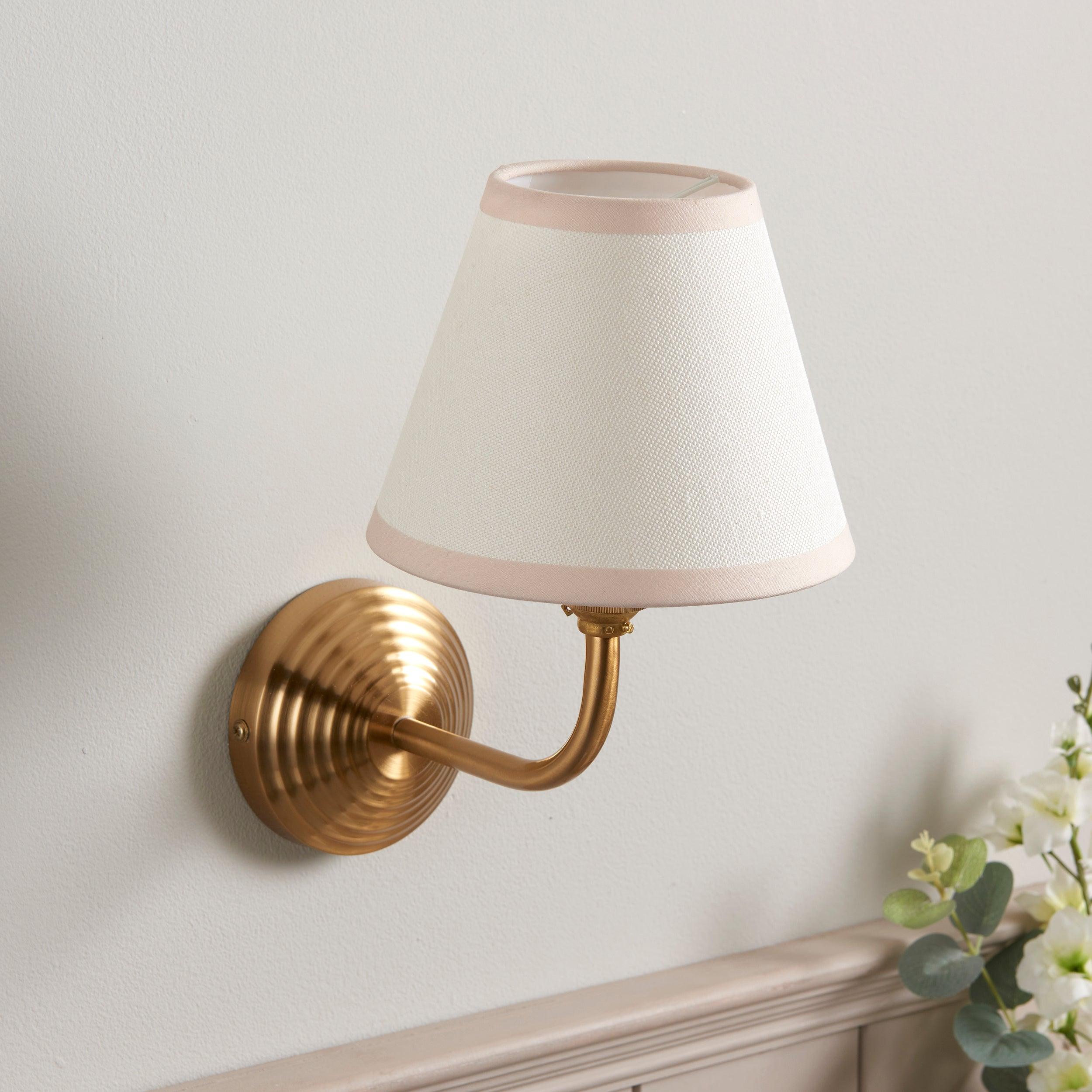 Obelisk Arc Brass Wall Light & Ivy 16cm Vintage white Shade