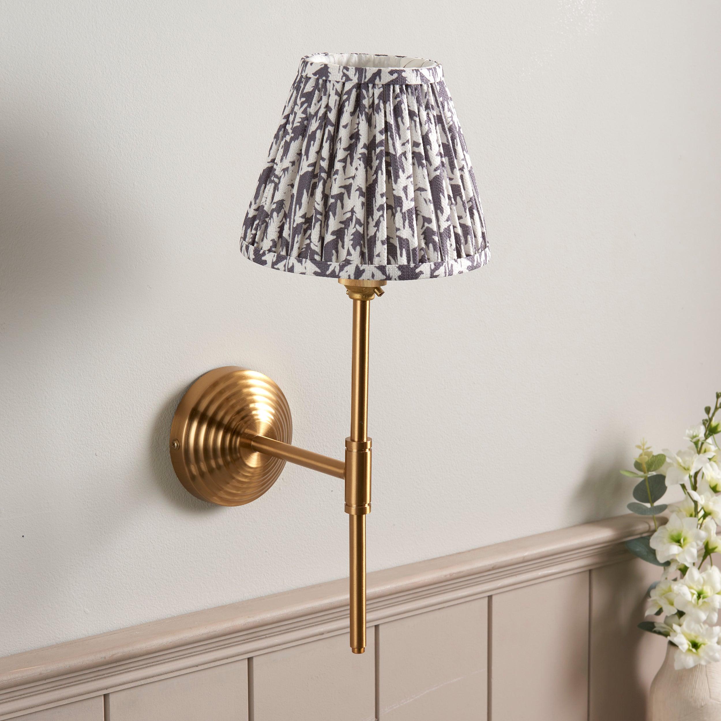 Obelisk T Bar Brass Wall Light & Leaf 16cm Pearl Grey Shade