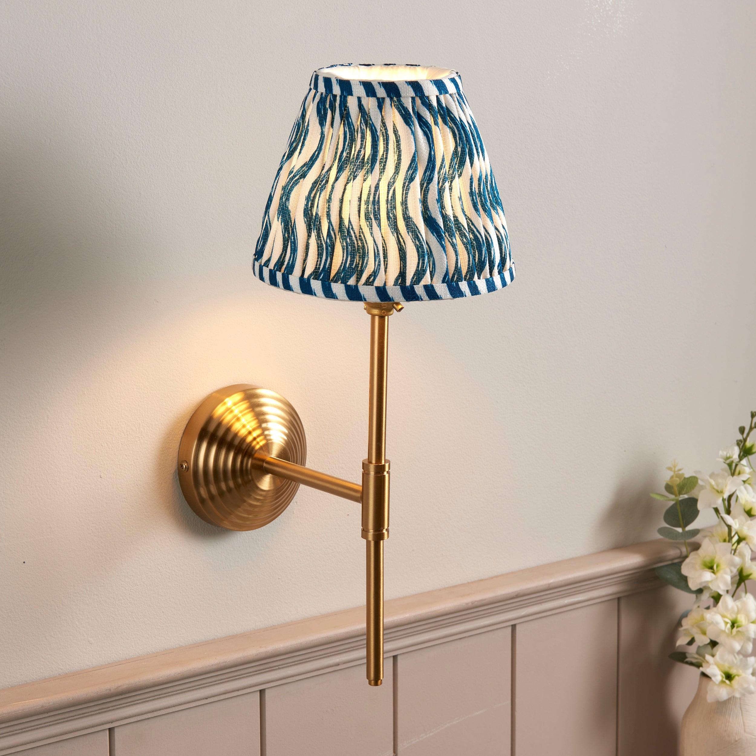 Obelisk T Bar Brass Wall Light & Ripple 16cm Marlin Blue Shade