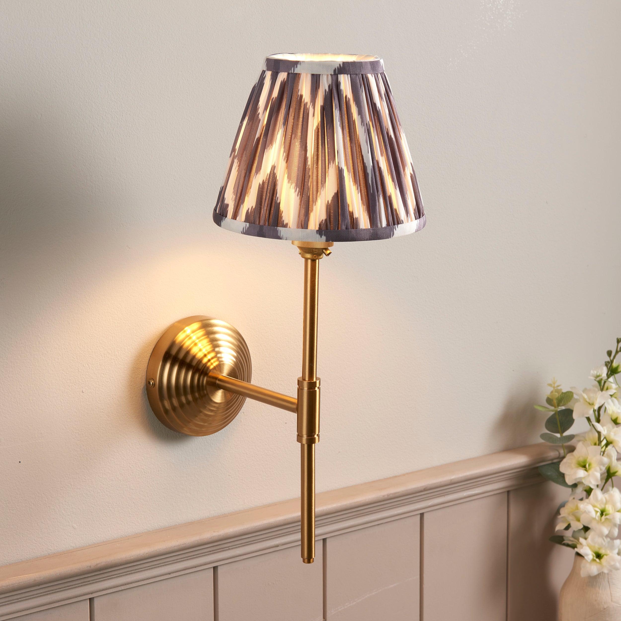 Obelisk T Bar Brass Wall Light & Zigzag 16cm Pearl Grey Shade