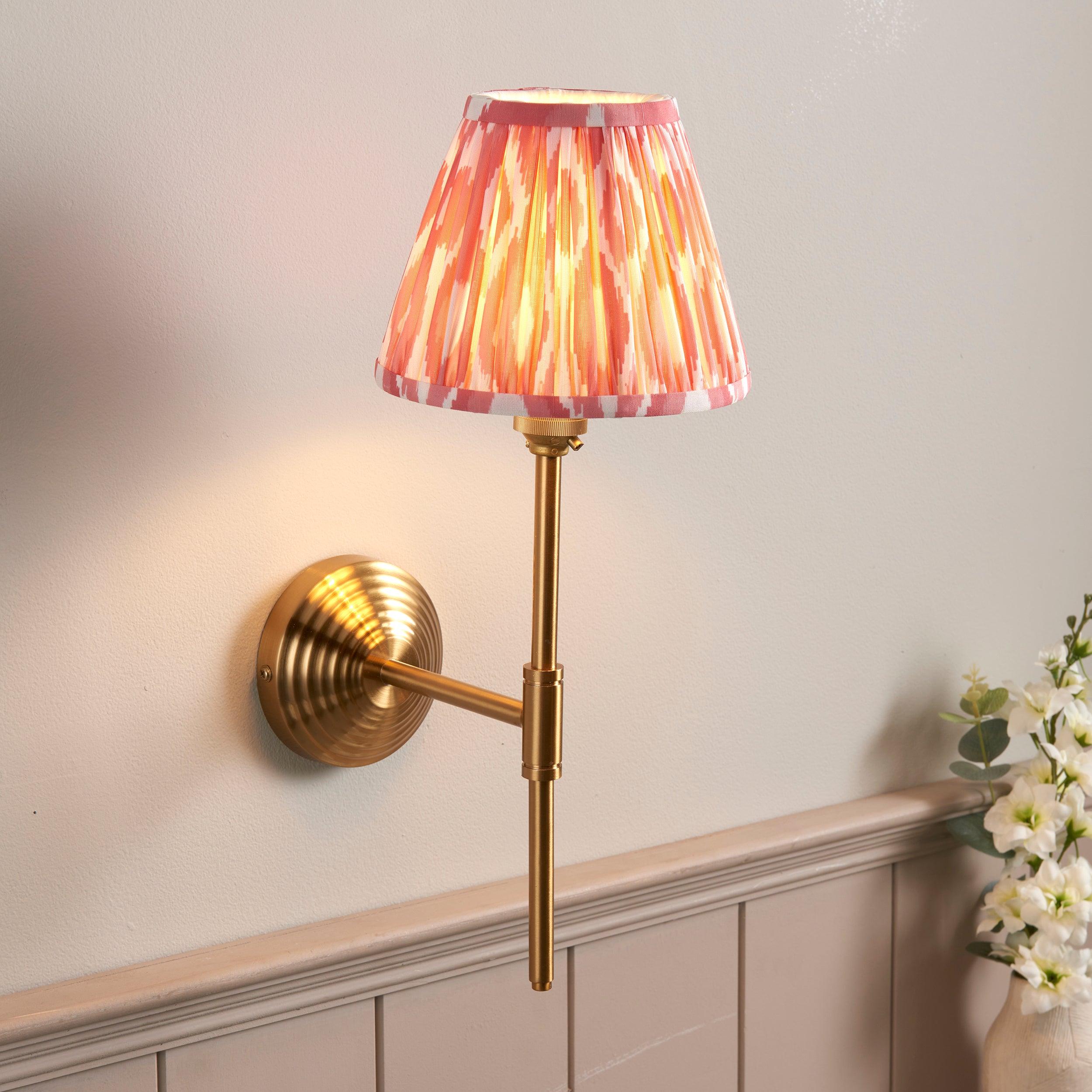 Obelisk T Bar Brass Wall Light & Ikat 16cm Coral Pink Shade
