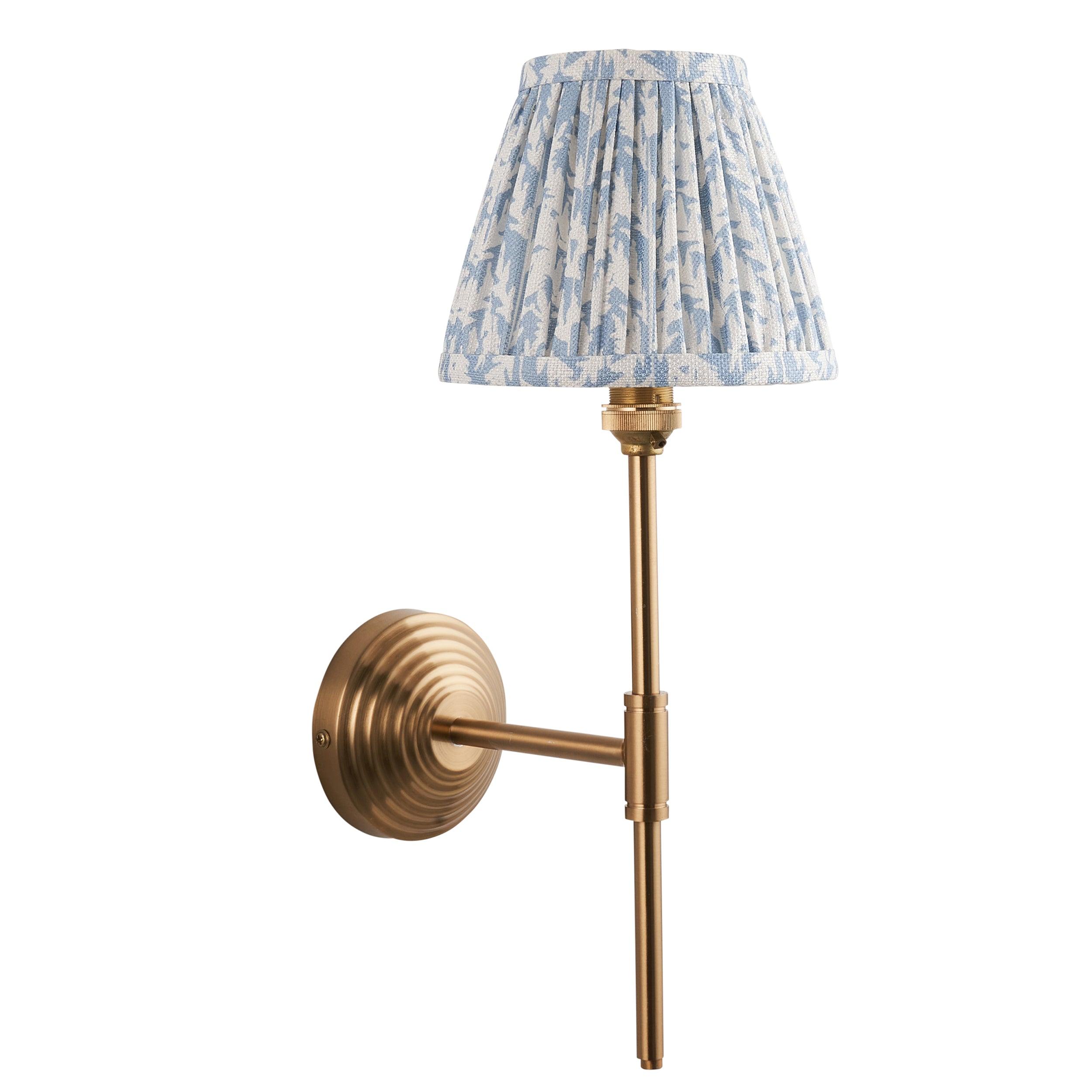 Obelisk T Bar Brass Wall Light & Leaf 16cm Shell Bay Blue Shade