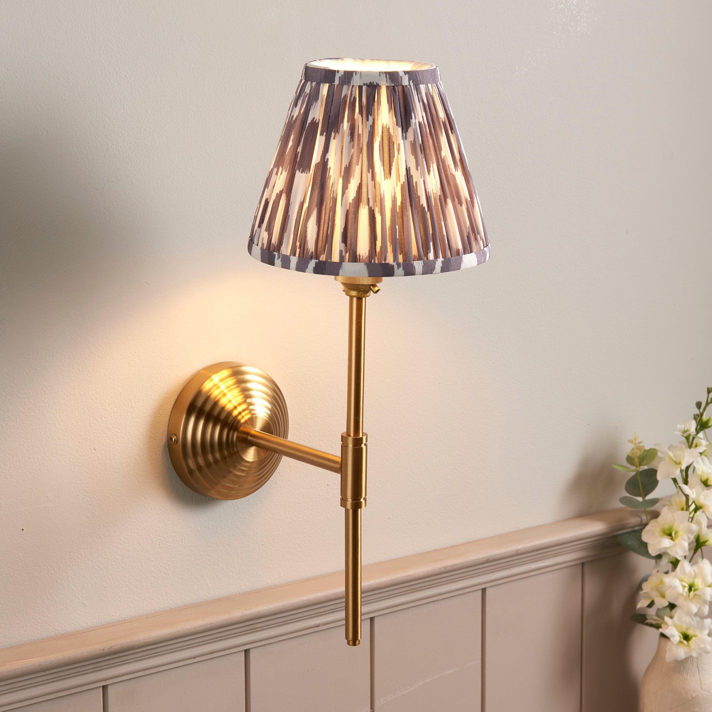 Obelisk T Bar Brass Wall Light & Ikat 16cm Pearl Grey Shade