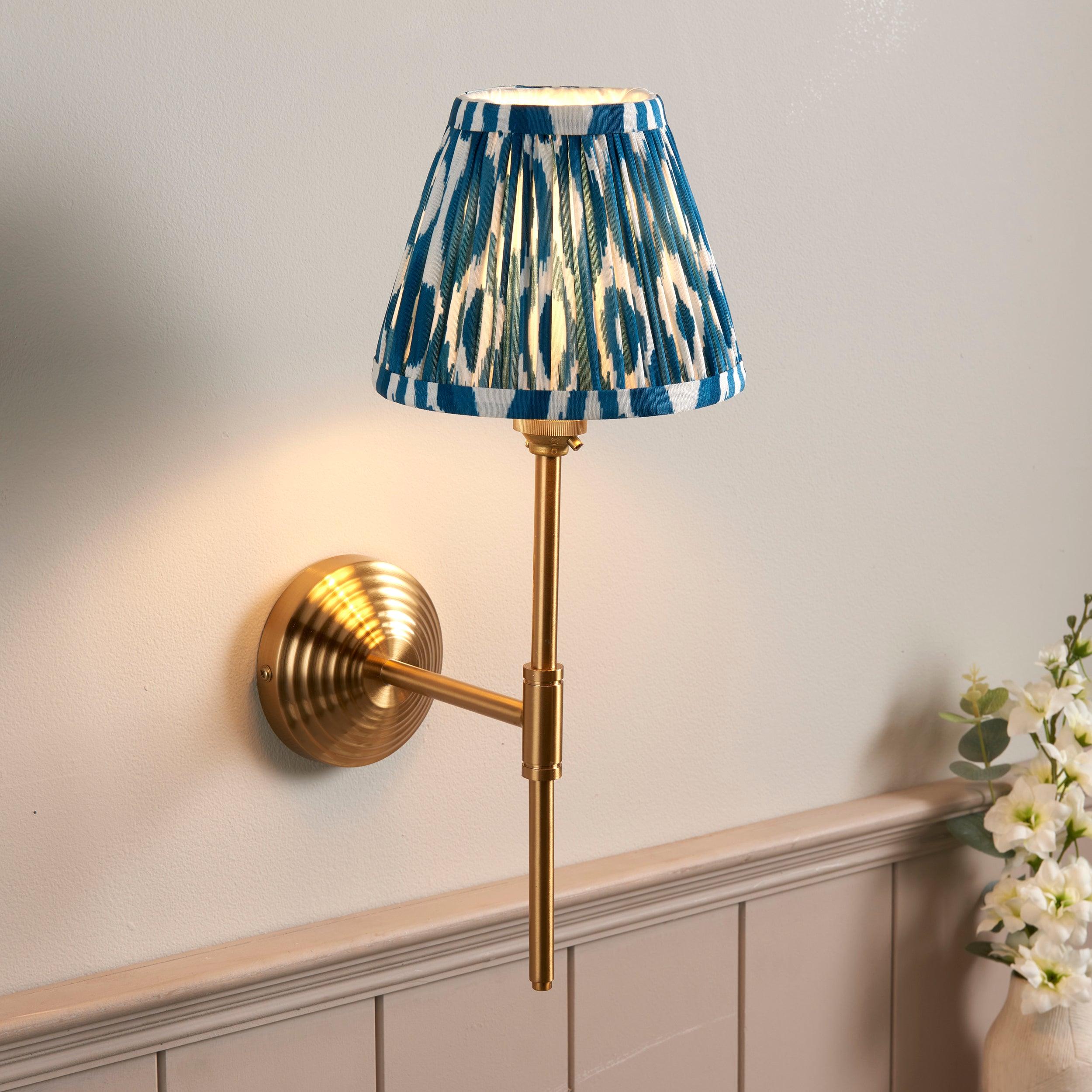 Obelisk T Bar Brass Wall Light & Ikat 16cm Marlin Blue Shade