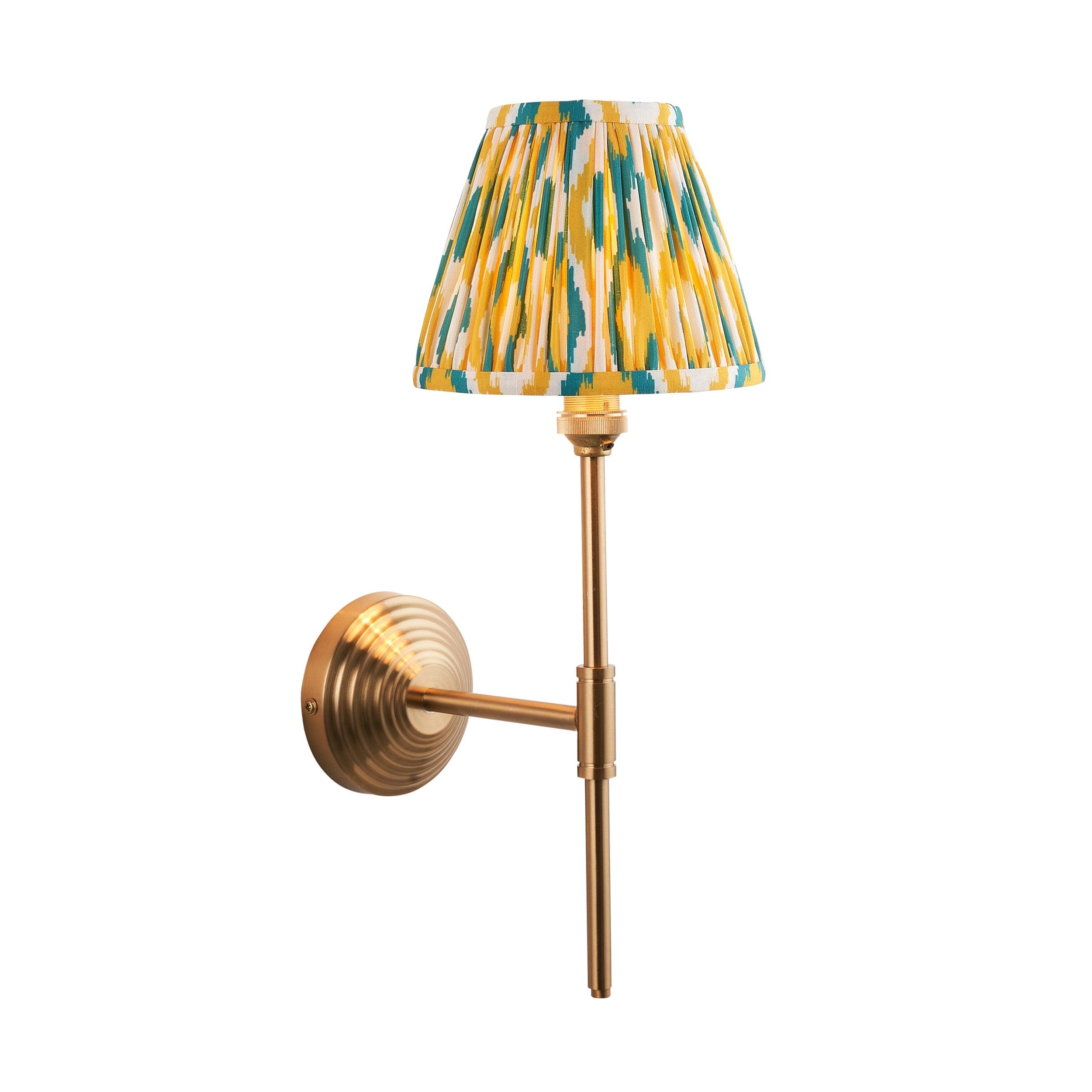 Obelisk T Bar Brass Wall Light & Ikat 16cm Yellow & Jade Shade