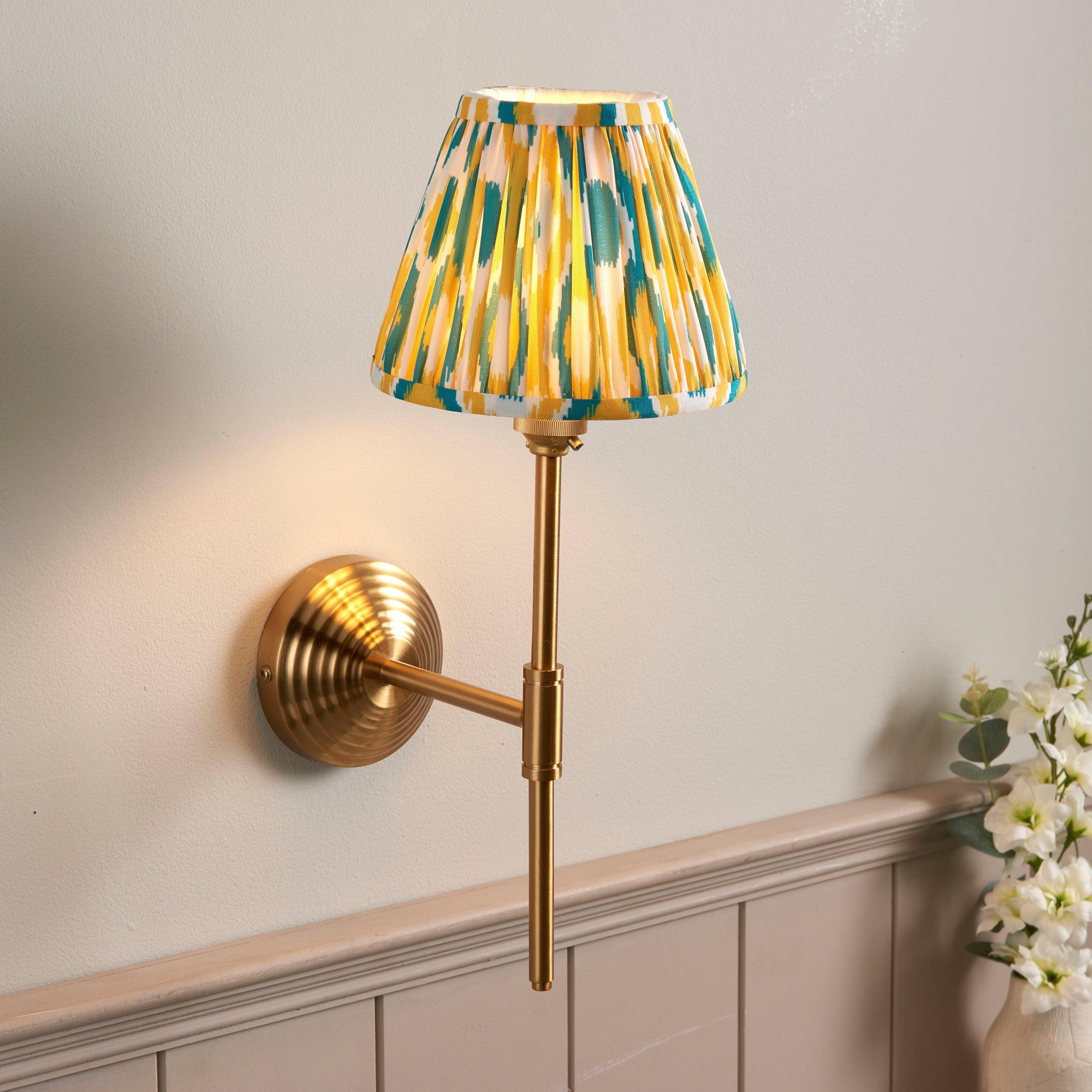 Obelisk T Bar Brass Wall Light & Ikat 16cm Yellow & Jade Shade