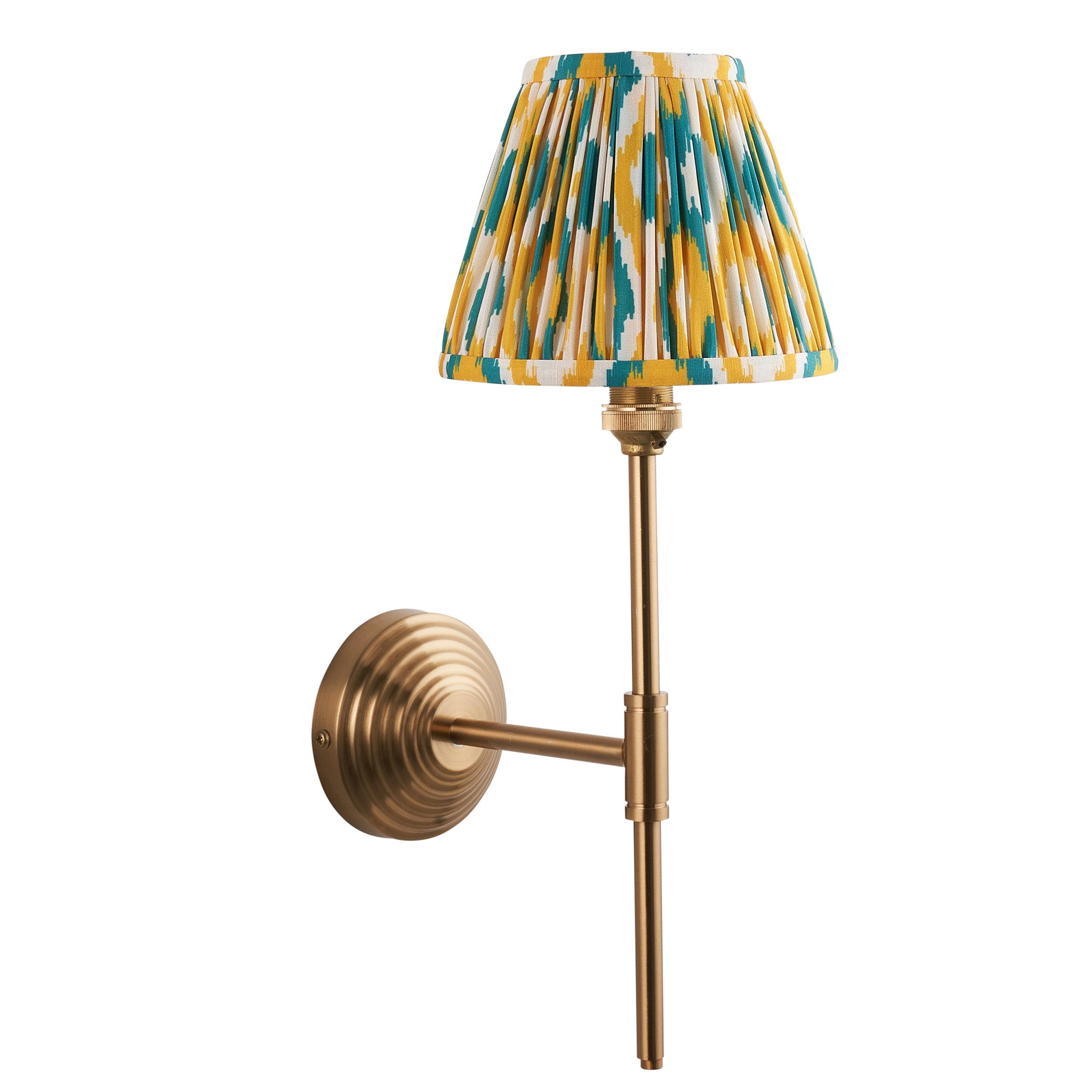 Obelisk T Bar Brass Wall Light & Ikat 16cm Yellow & Jade Shade