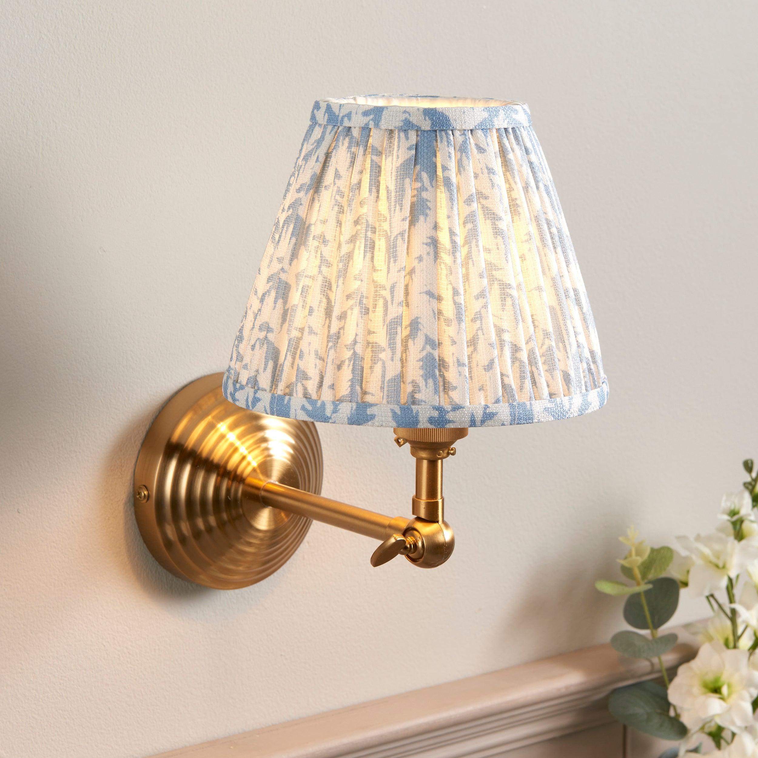 Obelisk Brass Wall Light Wing & Leaf 16cm Shell Bay Blue Shade