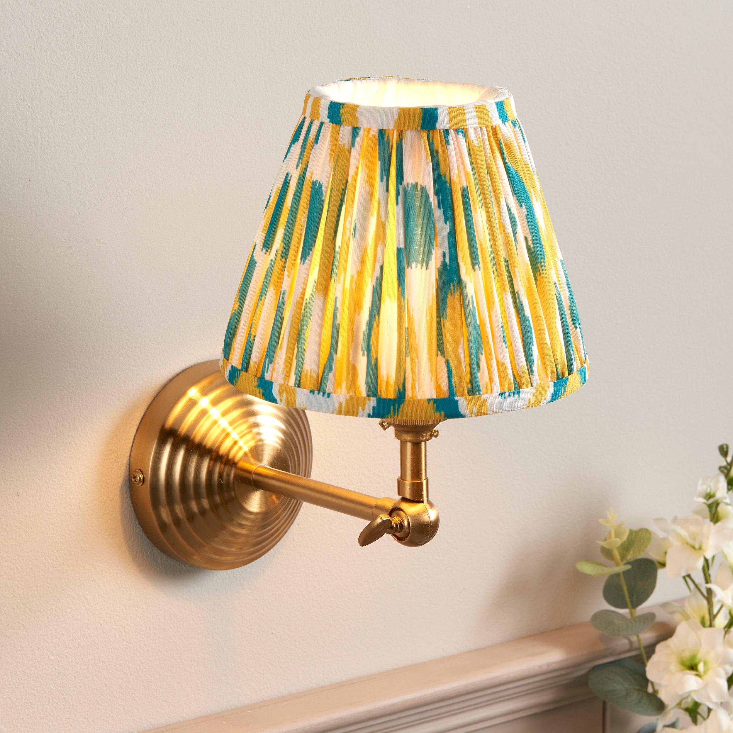 Obelisk Brass Wall Light Wing & Ikat 16cm Yellow & Jade Shade
