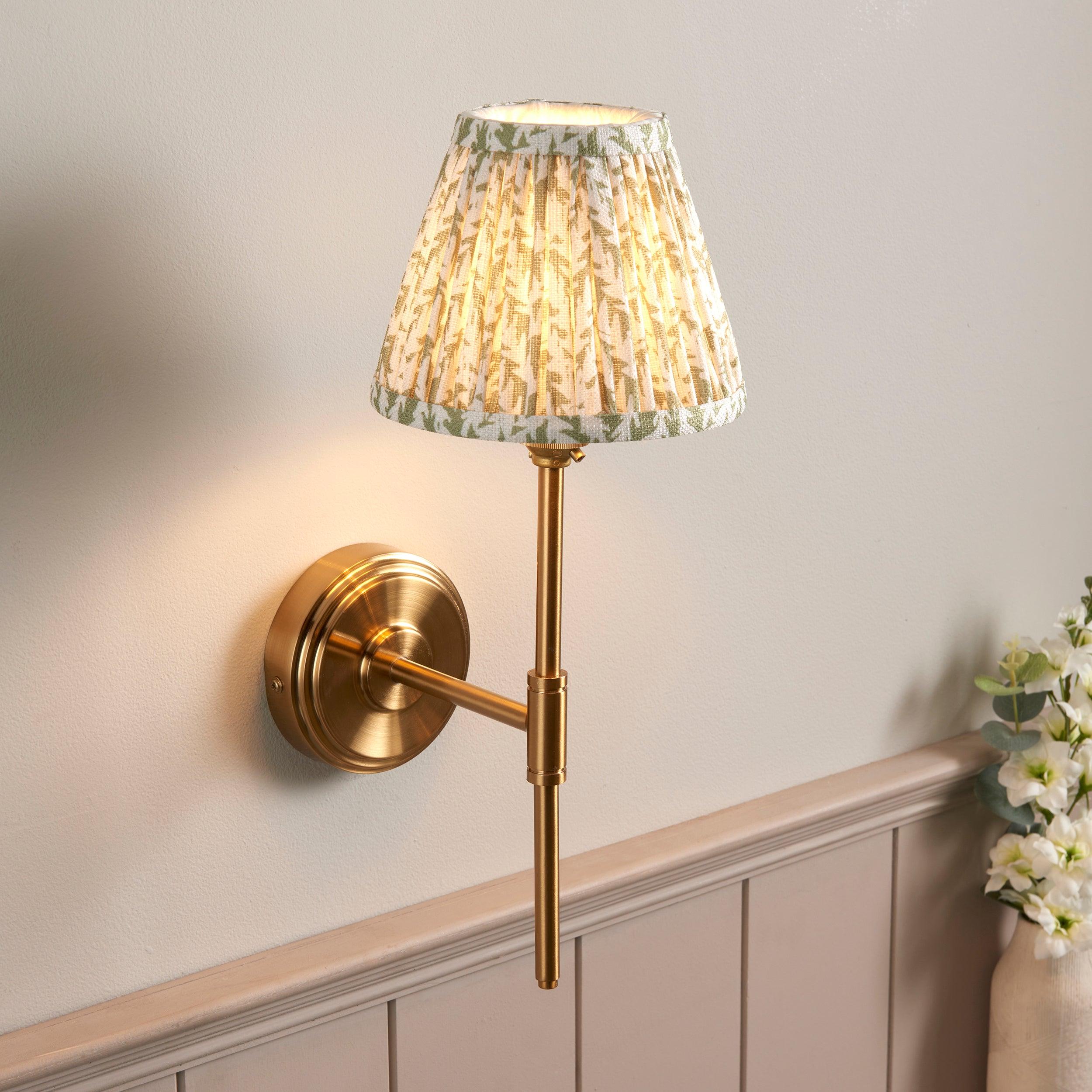 Step T Bar Brass Wall Light & Leaf 16cm Herb Garden Green Shade