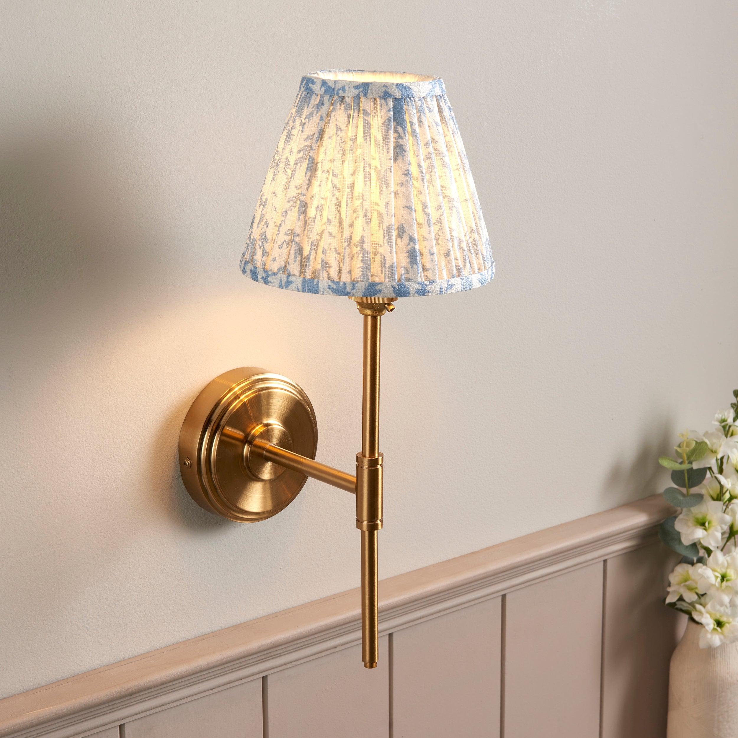Step T Bar Brass Wall Light & Leaf 16cm Shell Bay Blue Shade