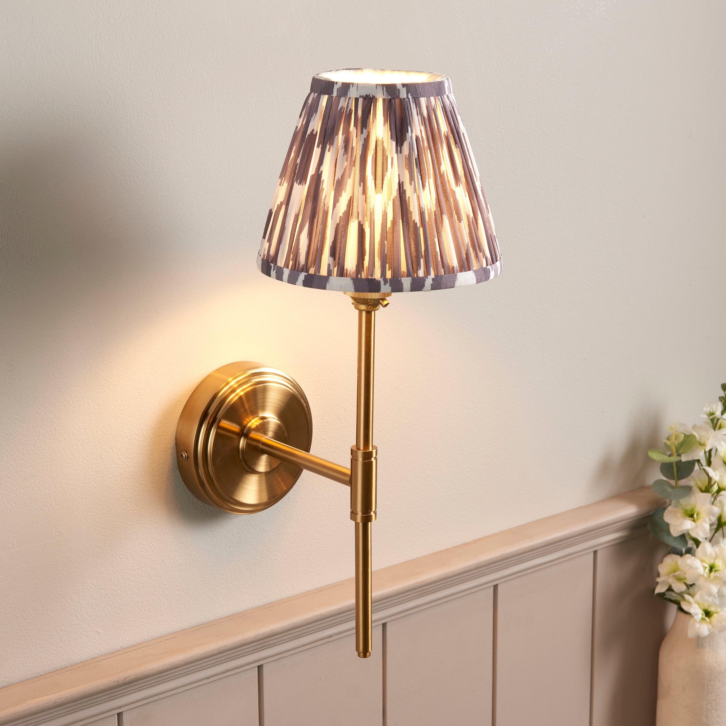 Step T Bar Brass Wall Light & Ikat 16cm Pearl Grey Shade