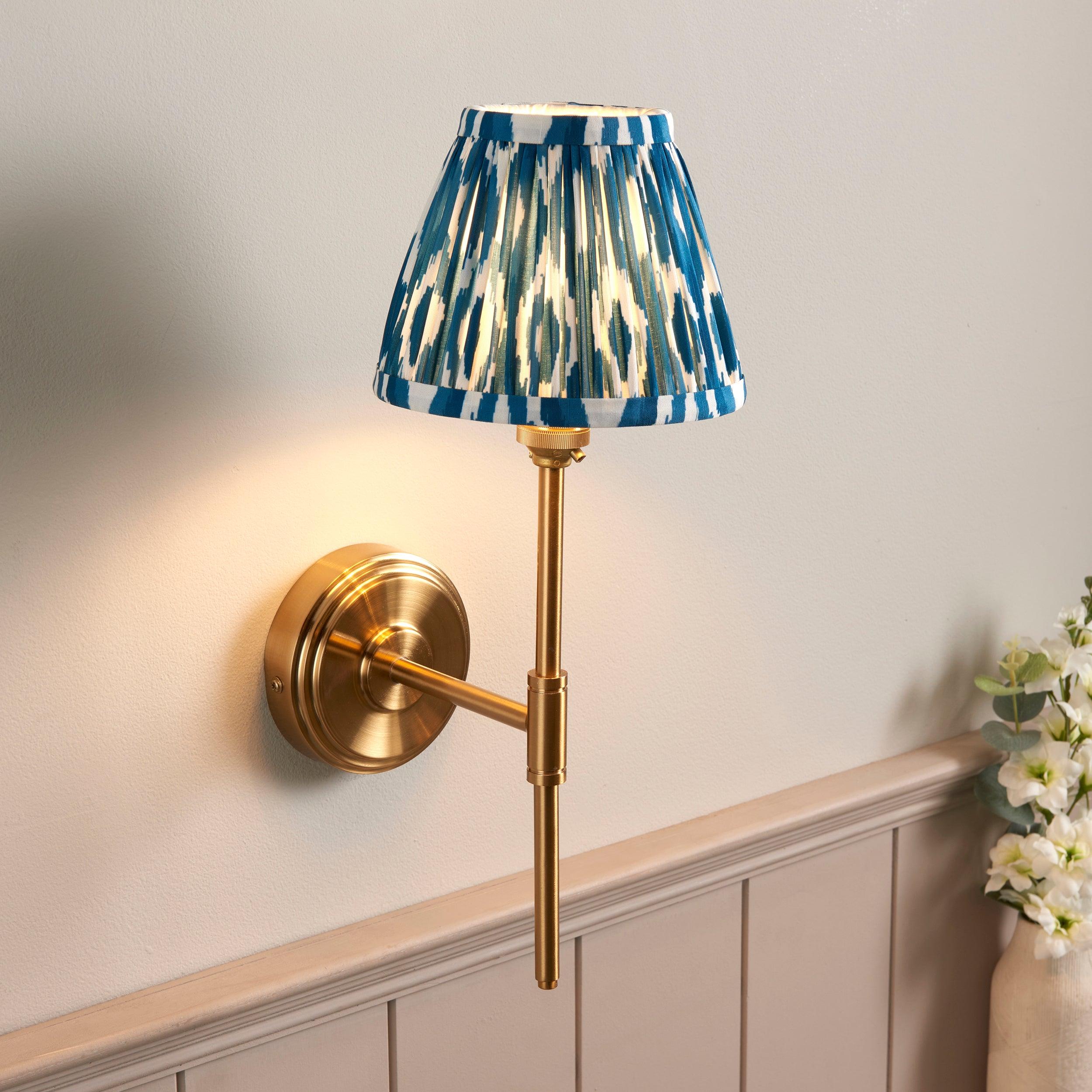 Step T Bar Brass Wall Light & Ikat 16cm Marlin Blue Shade