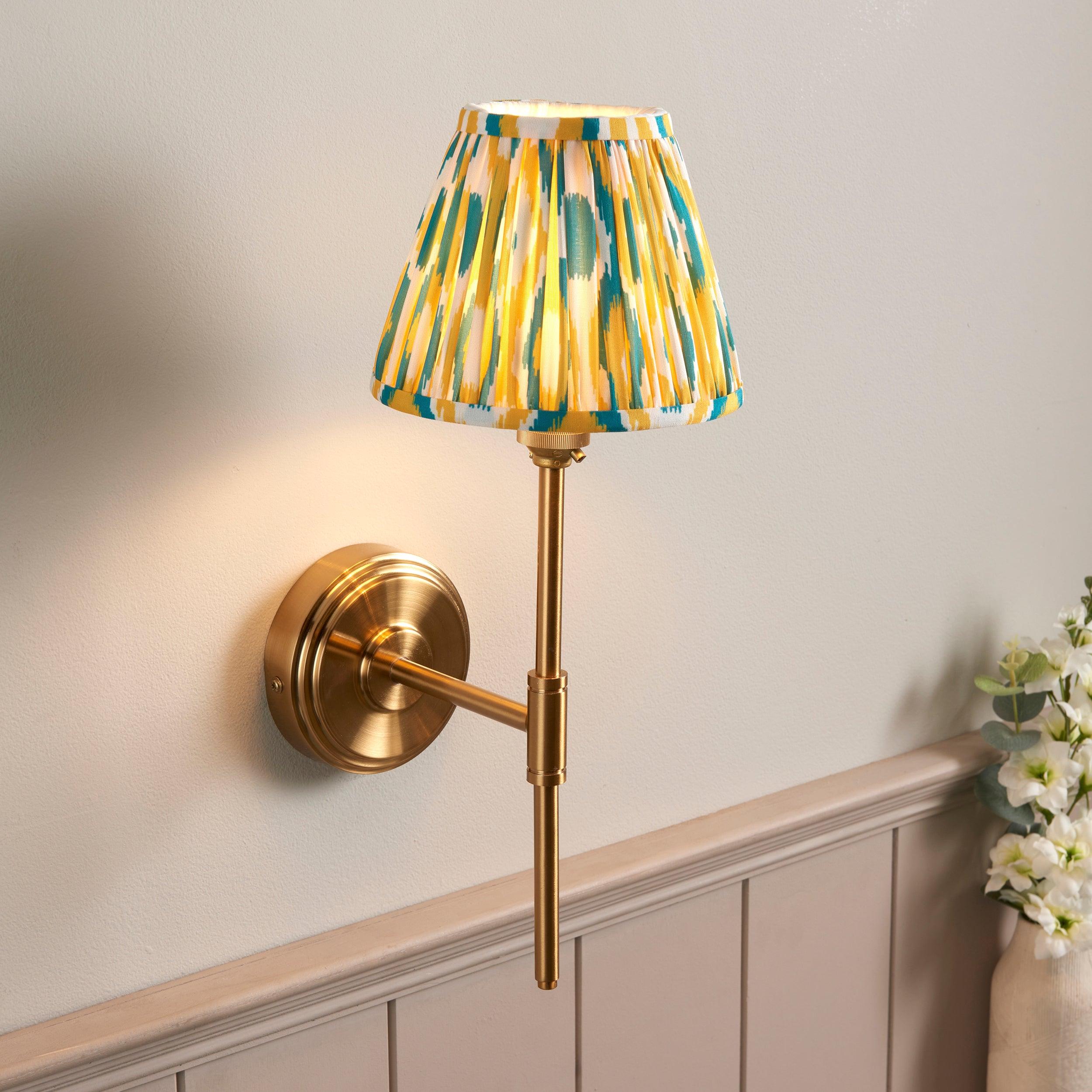 Step T Bar Brass Wall Light & Ikat 16cm Yellow & Jade Shade