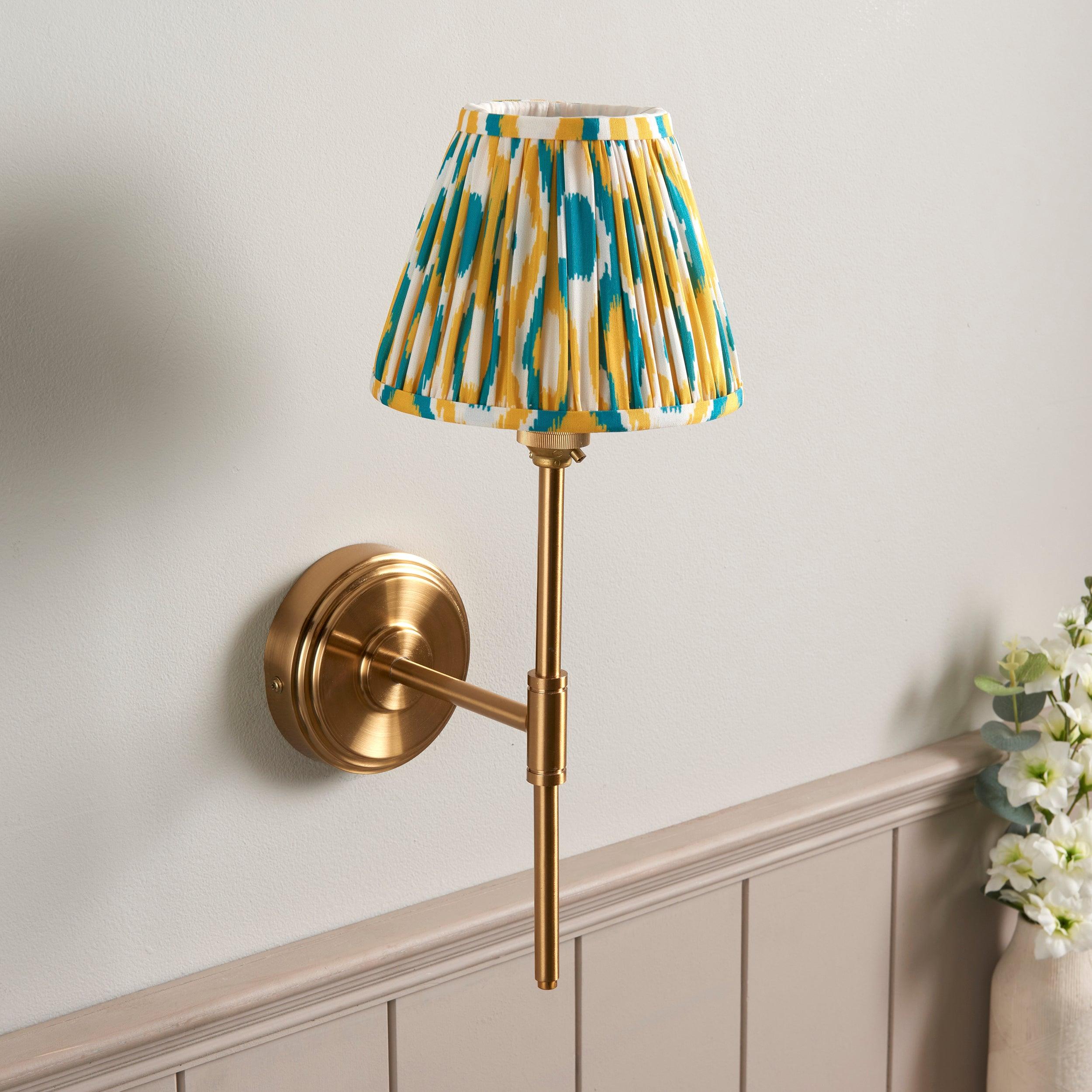 Step T Bar Brass Wall Light & Ikat 16cm Yellow & Jade Shade