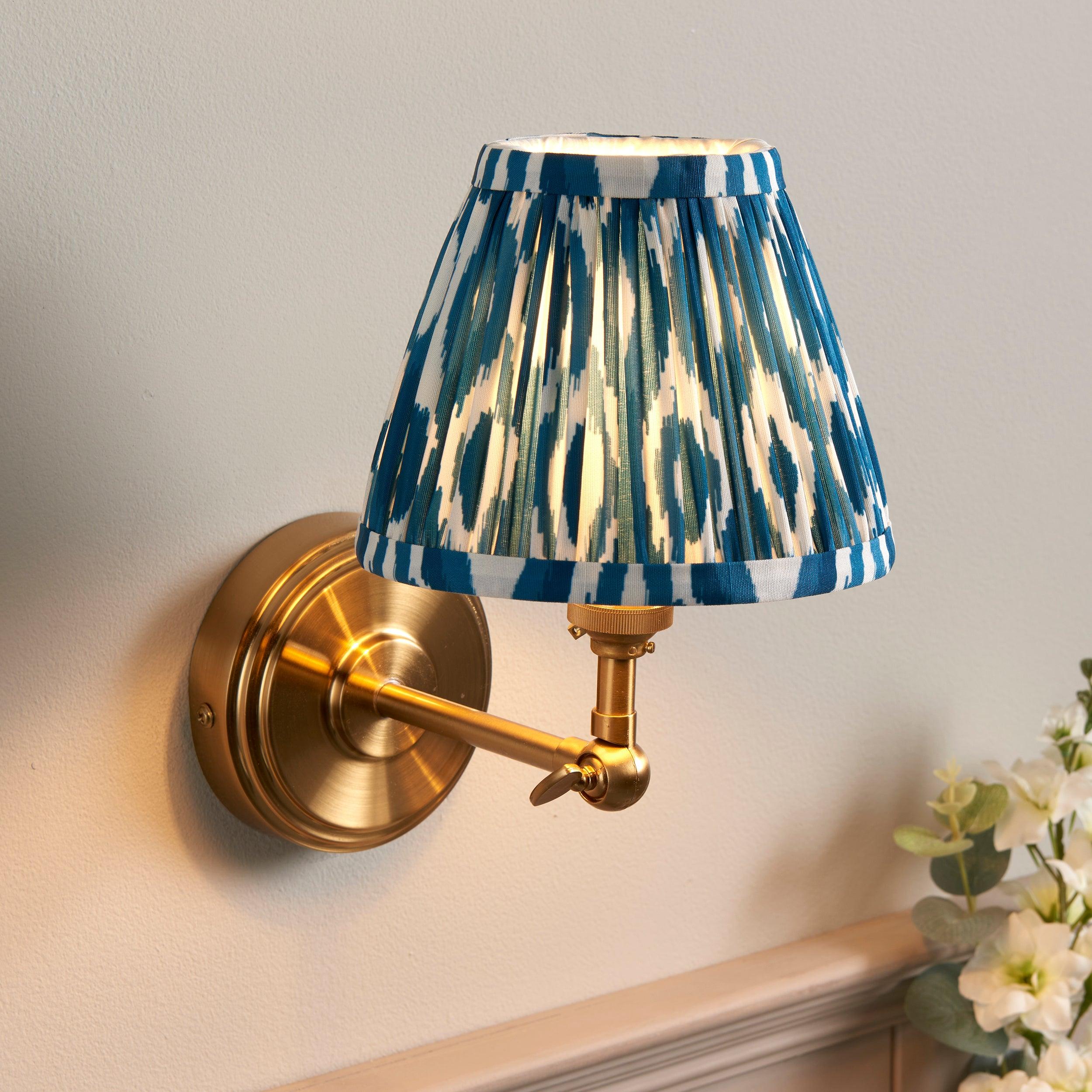 Step Wing Brass Wall Light & Ikat 16cm Marlin Blue Shade