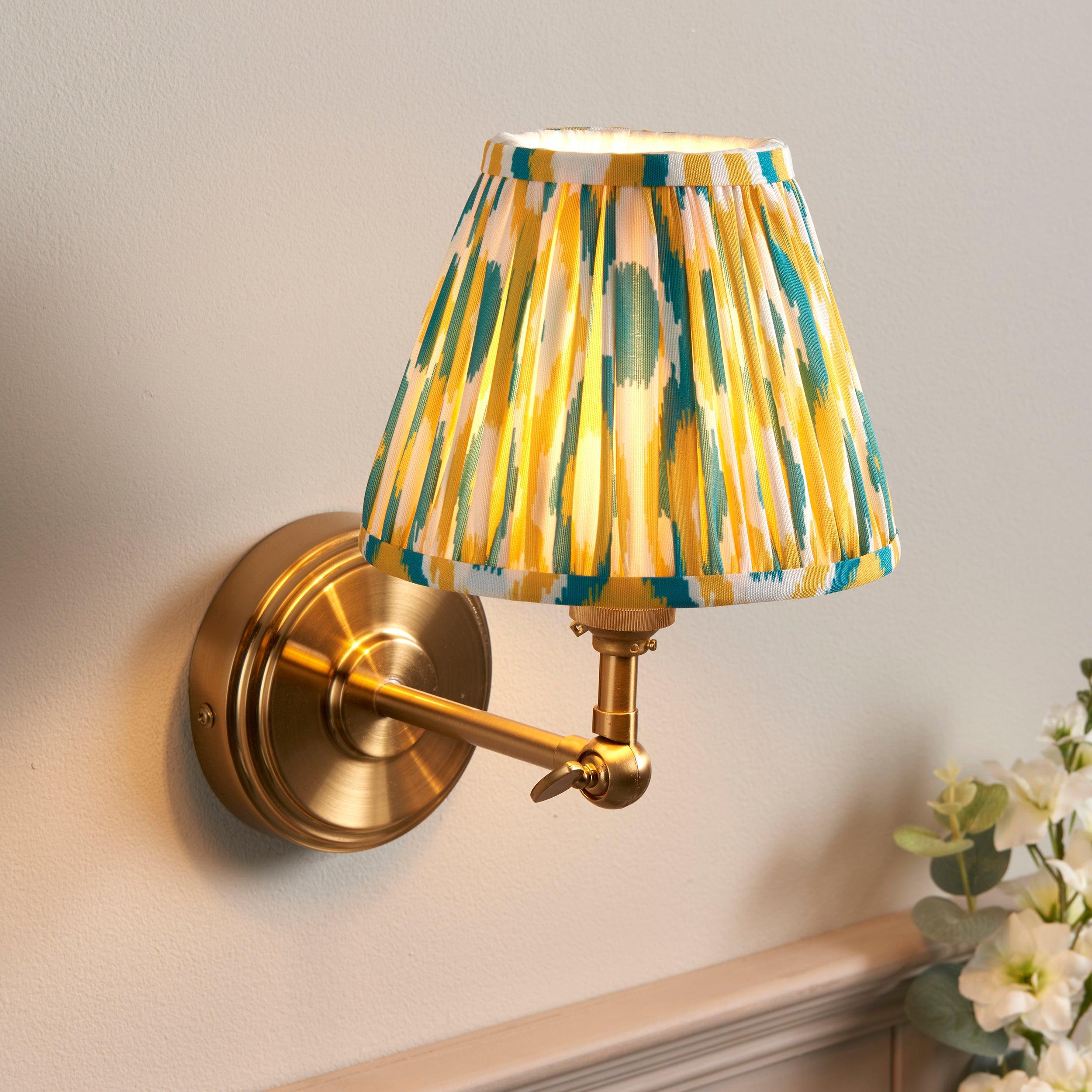 Step Wing Brass Wall Light & Ikat 16cm Yellow & Jade Shade