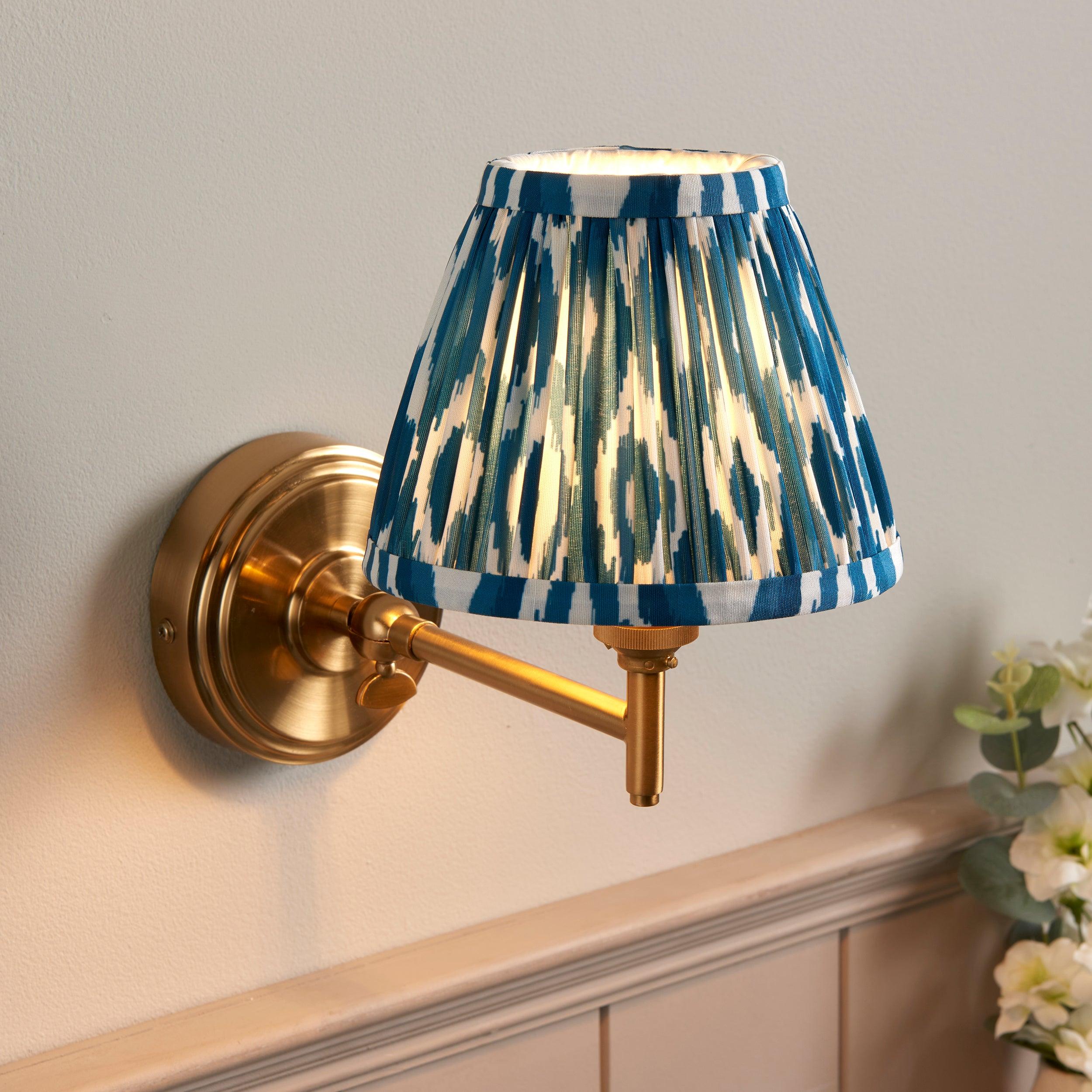 Step Fold Brass Wall Light & Ikat 16cm Marlin Blue Shade