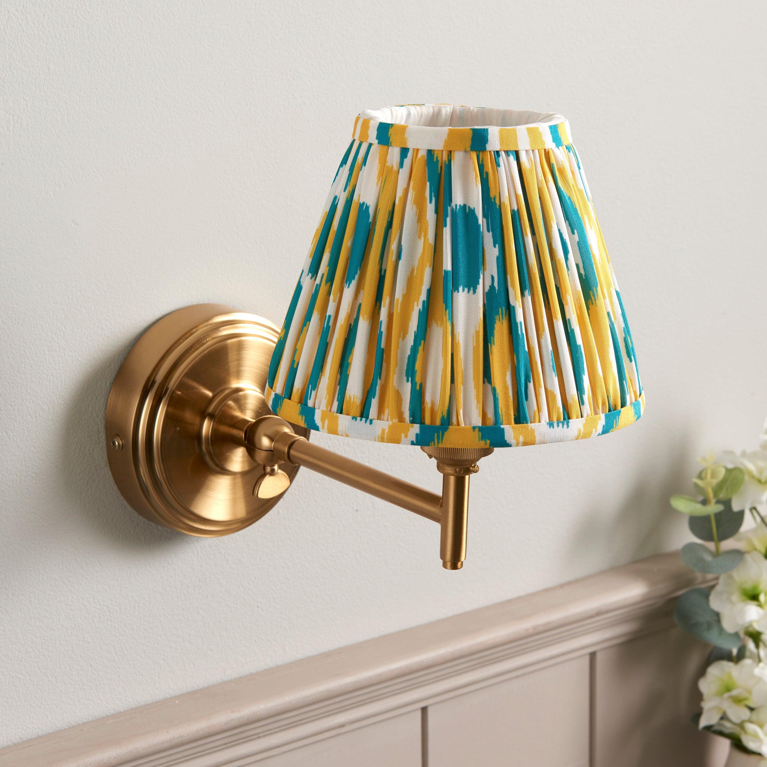 Step Fold Brass Wall Light & Ikat 16cm Yellow & Jade Shade