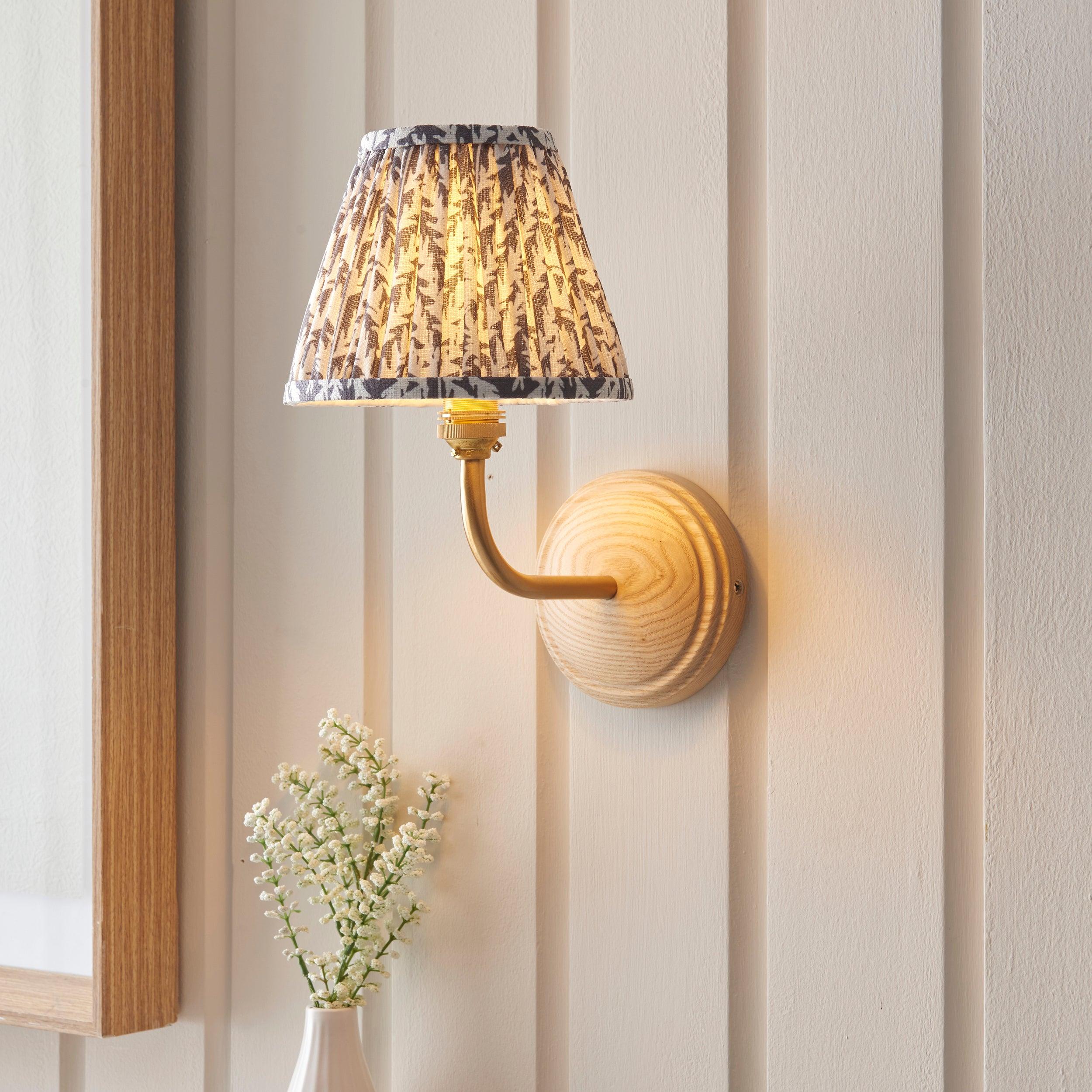 Wood Arc Wall Light & Leaf 16cm Pearl Grey Shade