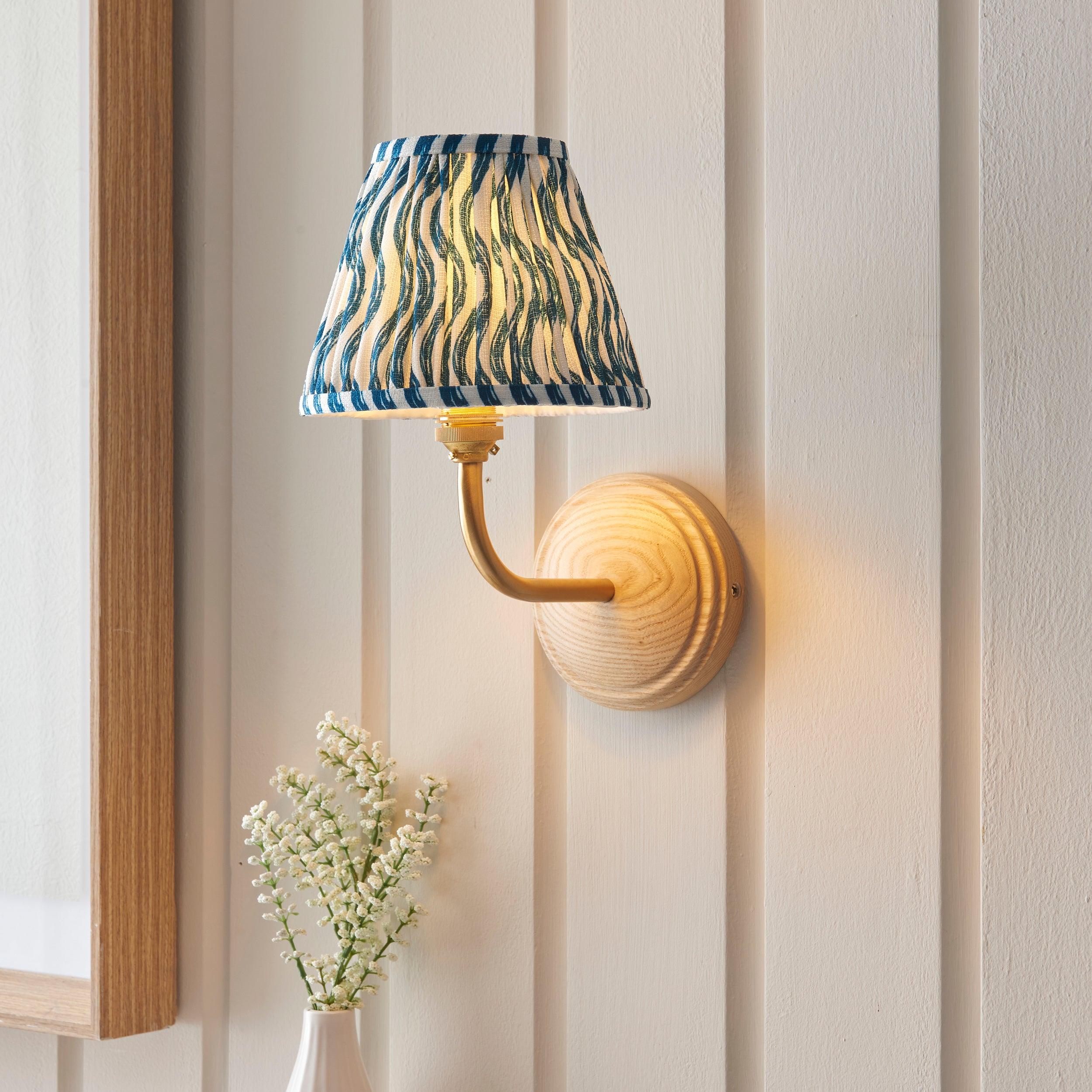 Wood Arc Wall Light & Ripple 16cm Marlin Blue Shade