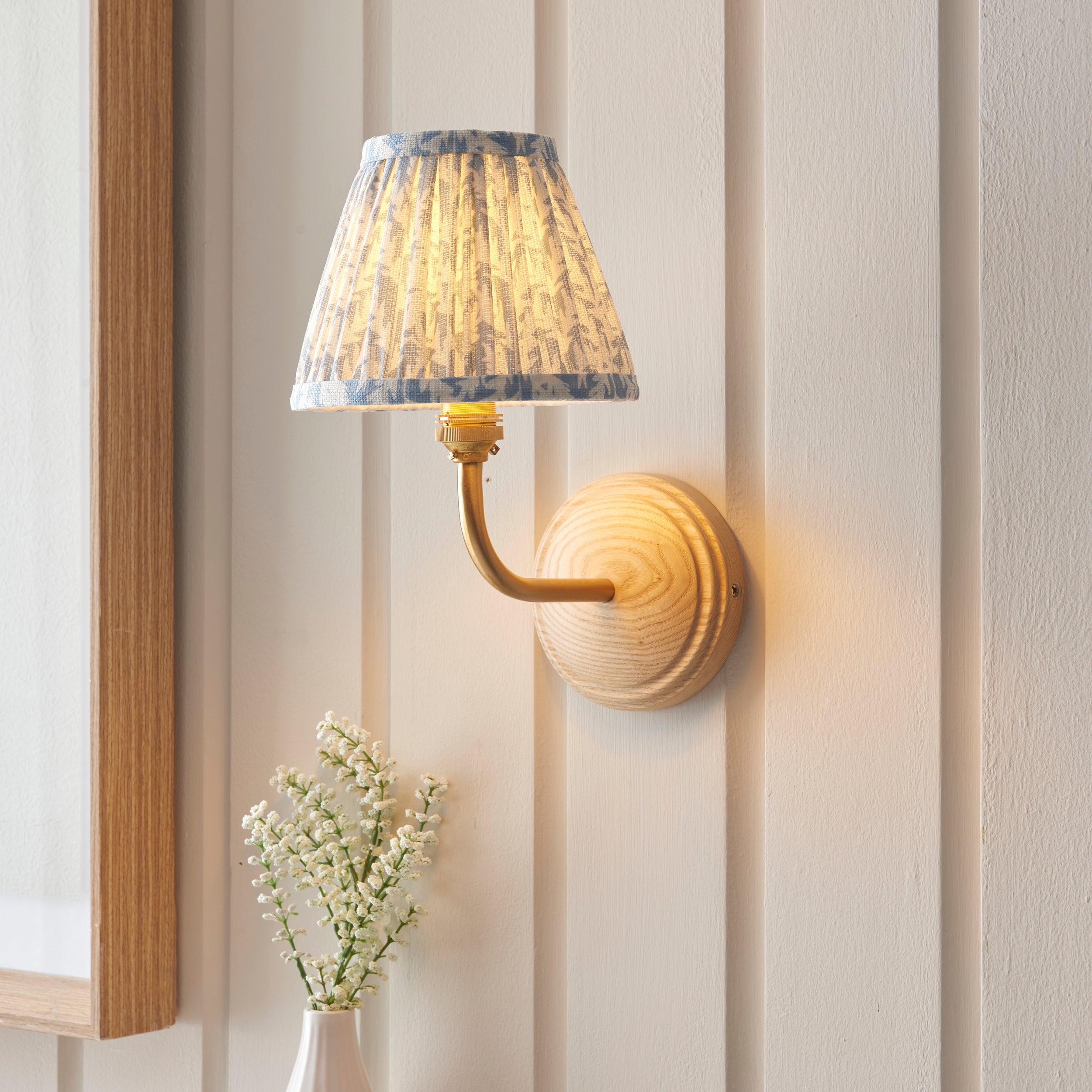 Wood Arc Wall Light & Leaf 16cm Shell Bay Blue Shade