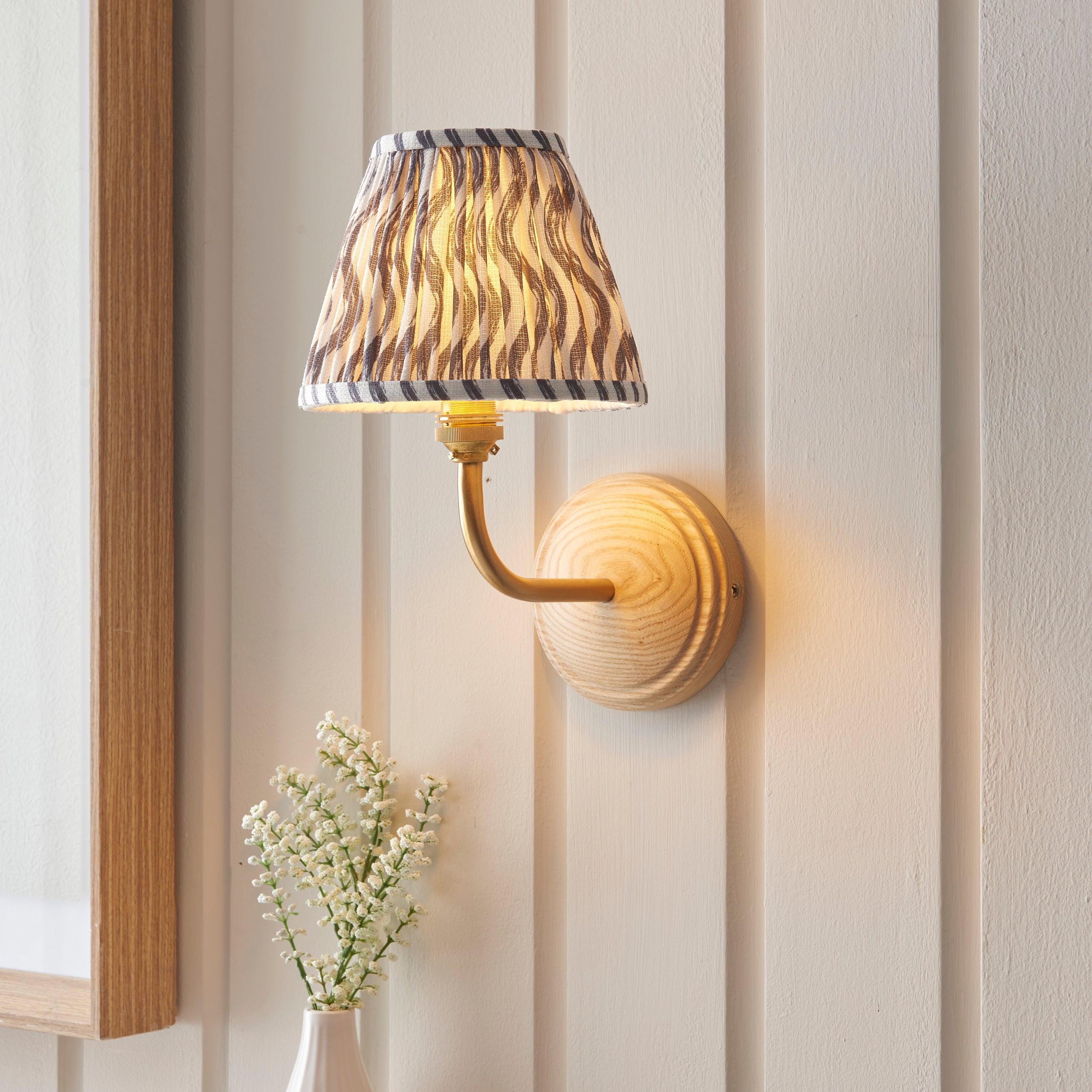 Wood Arc Wall Light & Ripple 16cm Pearl Grey Shade