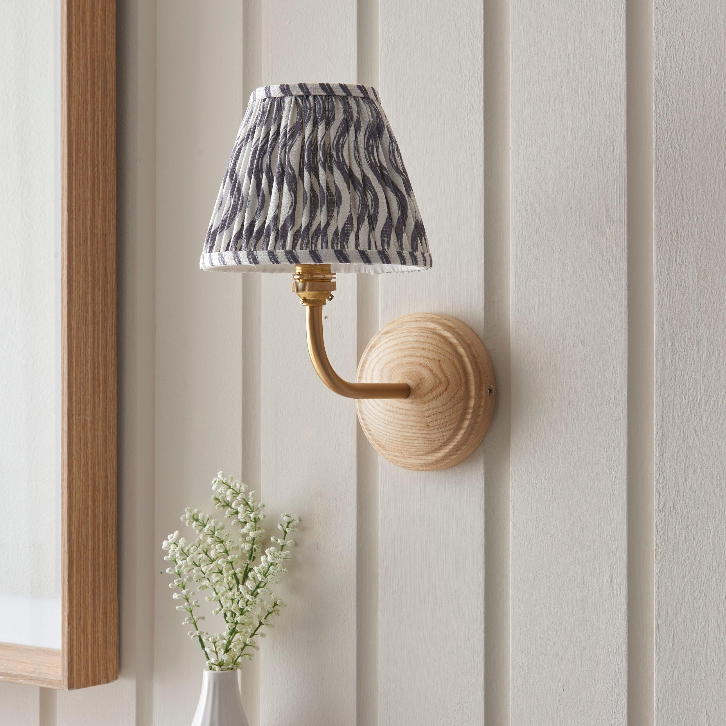 Wood Arc Wall Light & Ripple 16cm Pearl Grey Shade