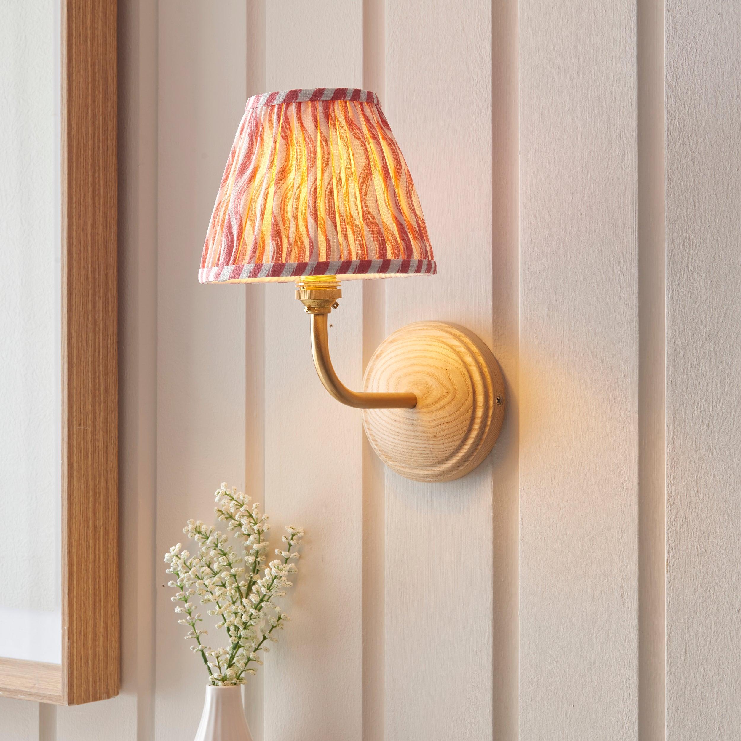 Wood Arc Wall Light & Ripple 16cm Coral Pink Shade