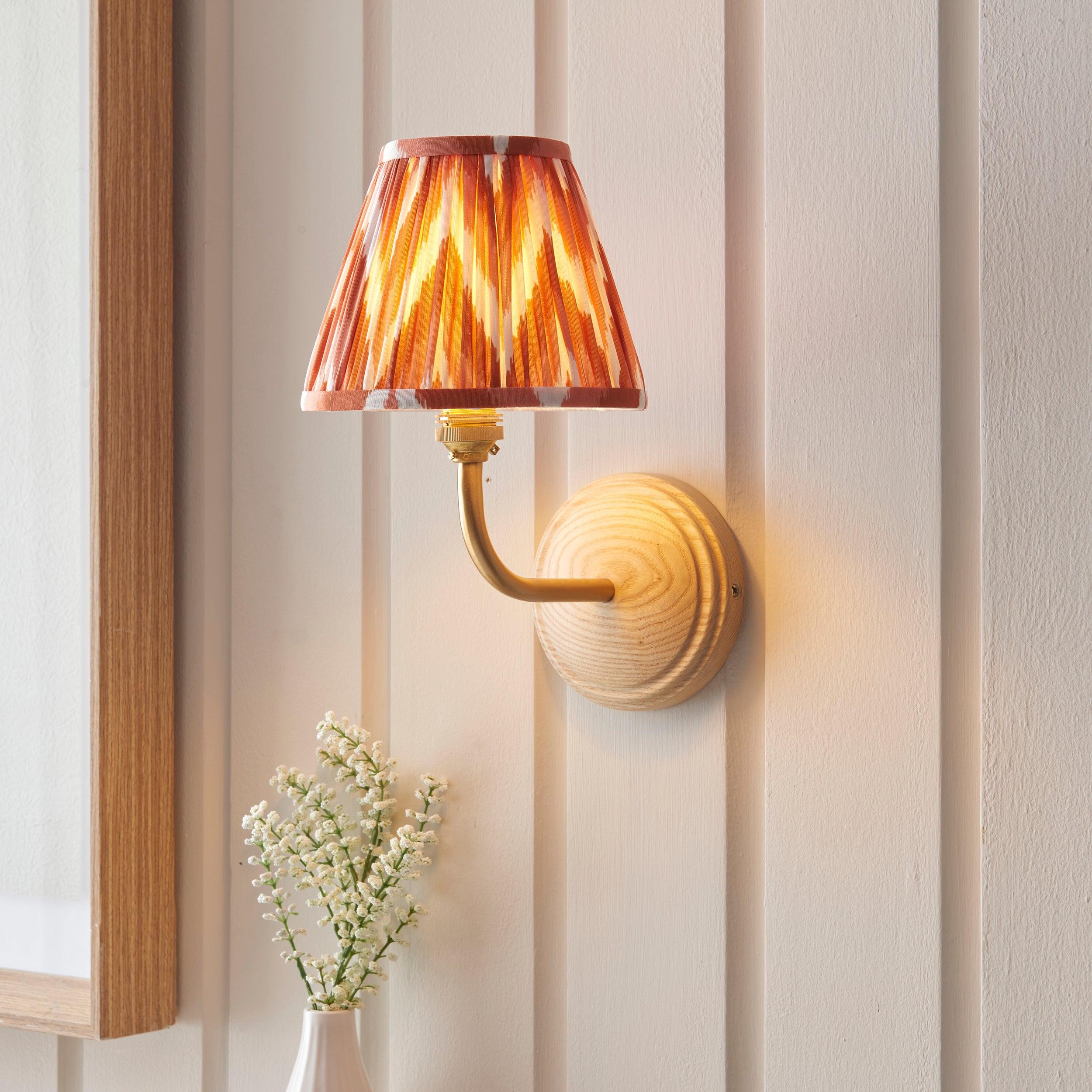 Wood Arc Wall Light & Zigzag 16cm Apricot Orange Shade