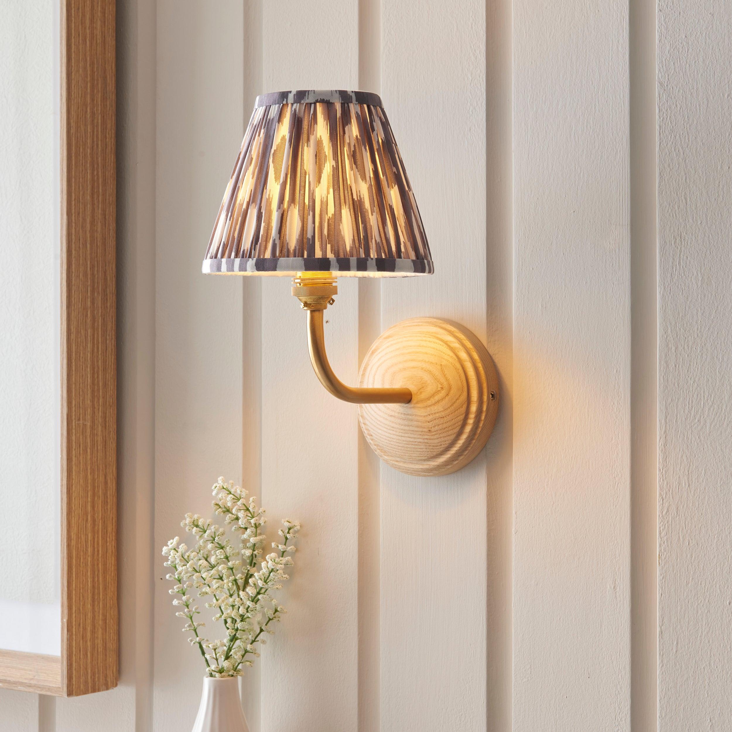 Wood Arc Wall Light & Ikat 16cm Pearl Grey Shade