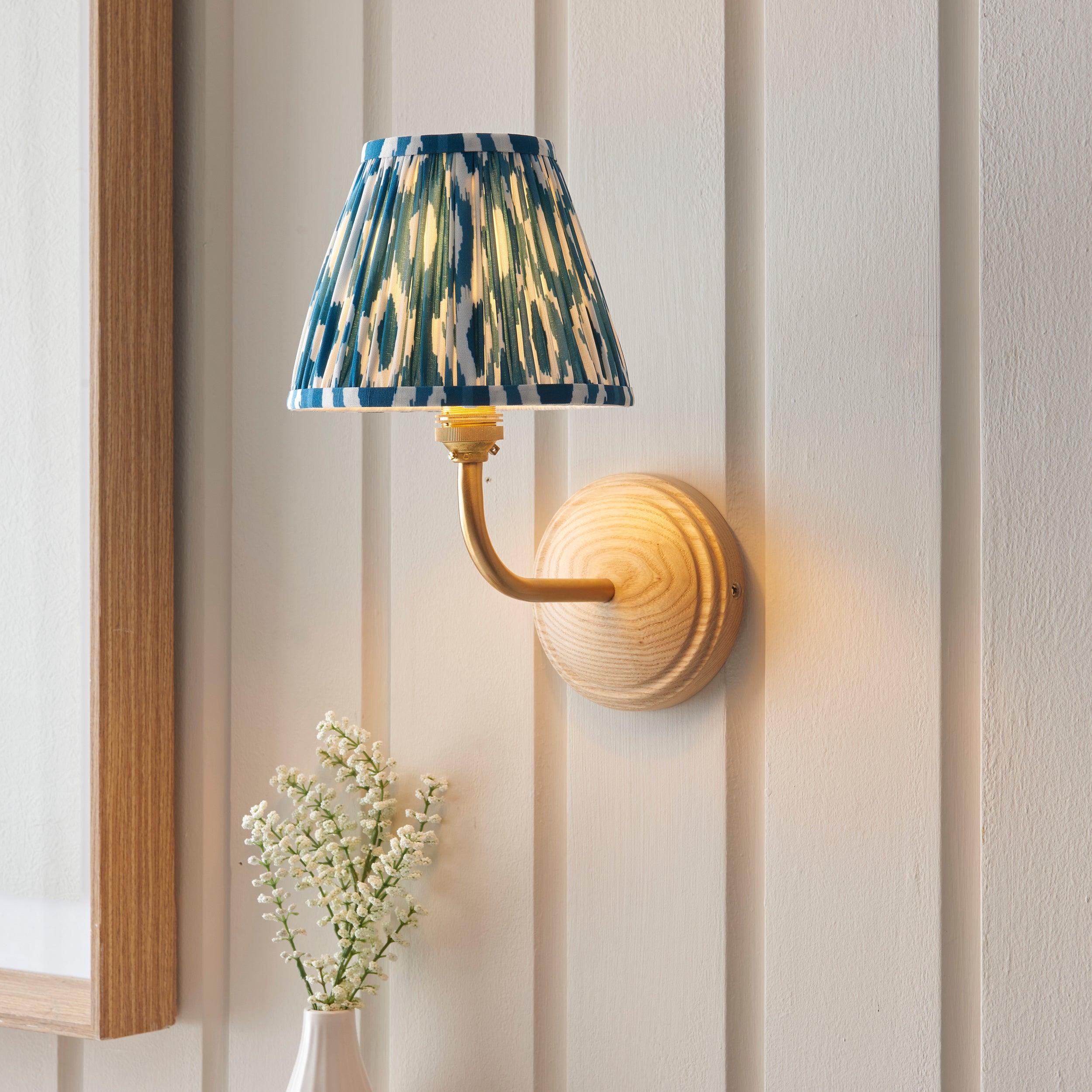 Wood Arc Wall Light & Ikat 16cm Marlin Blue Shade