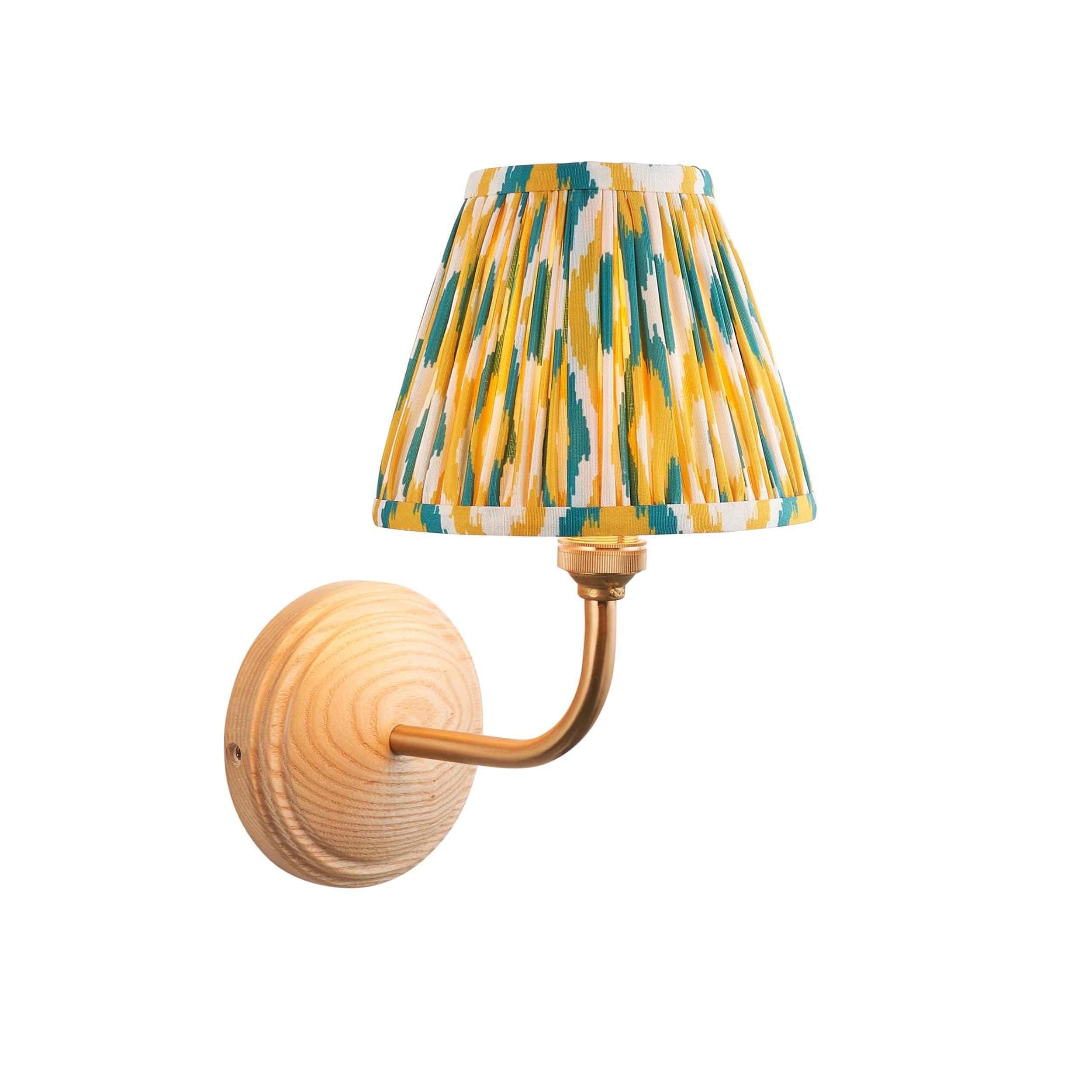 Wood Arc Wall Light & Ikat 16cm Yellow & Jade Shade