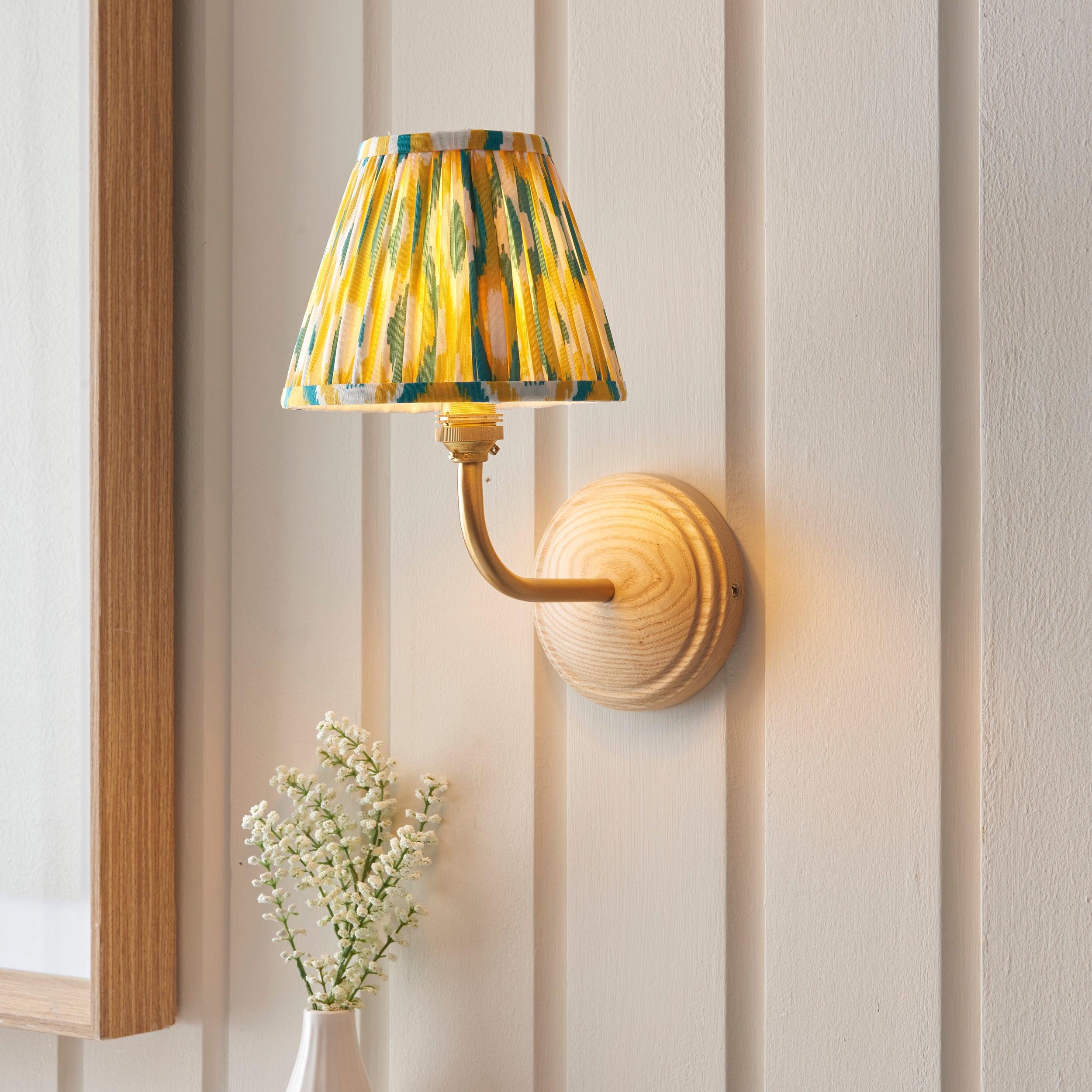 Wood Arc Wall Light & Ikat 16cm Yellow & Jade Shade