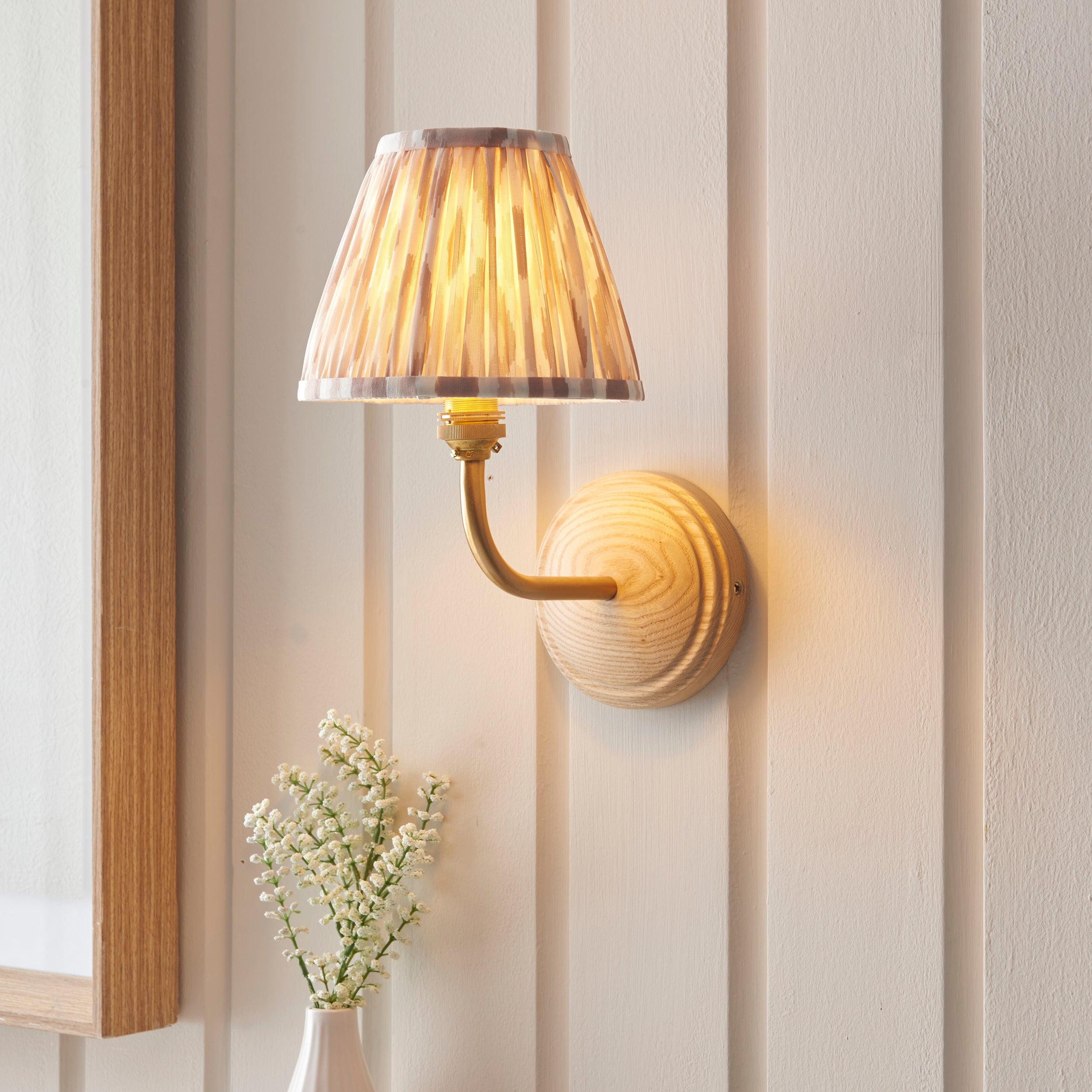 Wood Arc Wall Light & Ikat 16cm Neutral Shade