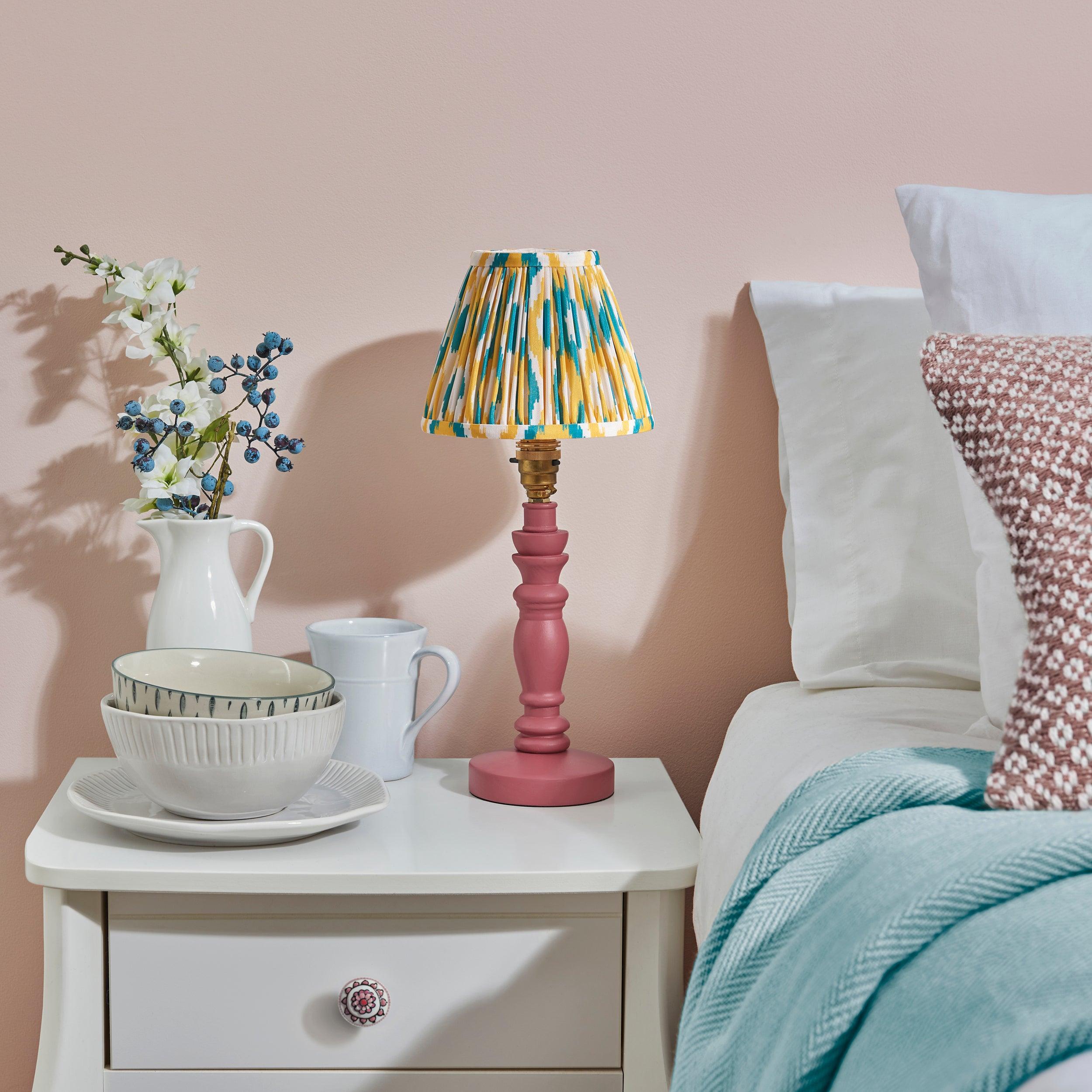 Bibury Pink Table Lamp & Ikat 16cm Yellow & Jade Shade