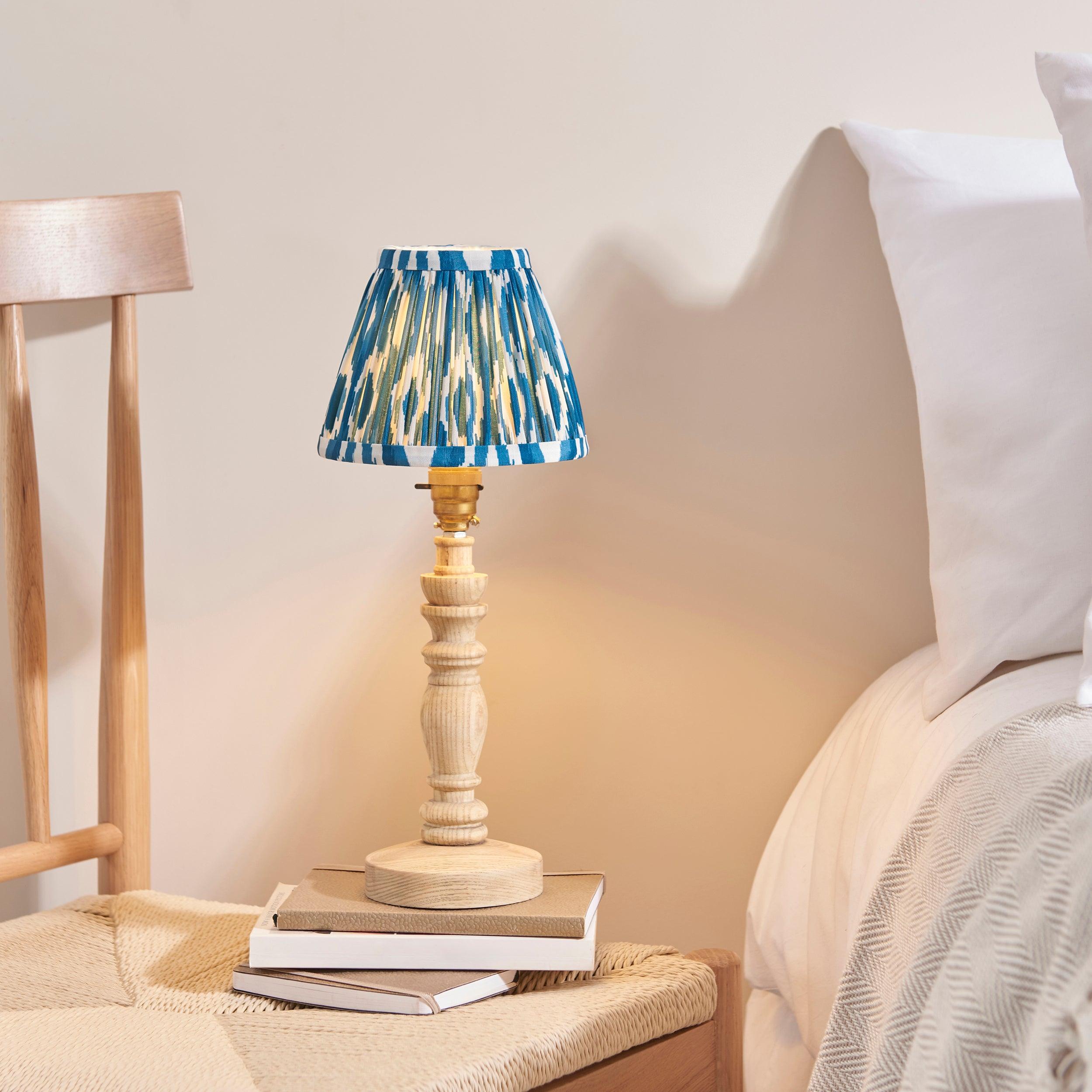 Bibury Wooden Table Lamp & Ikat 16cm Marlin Blue Shade