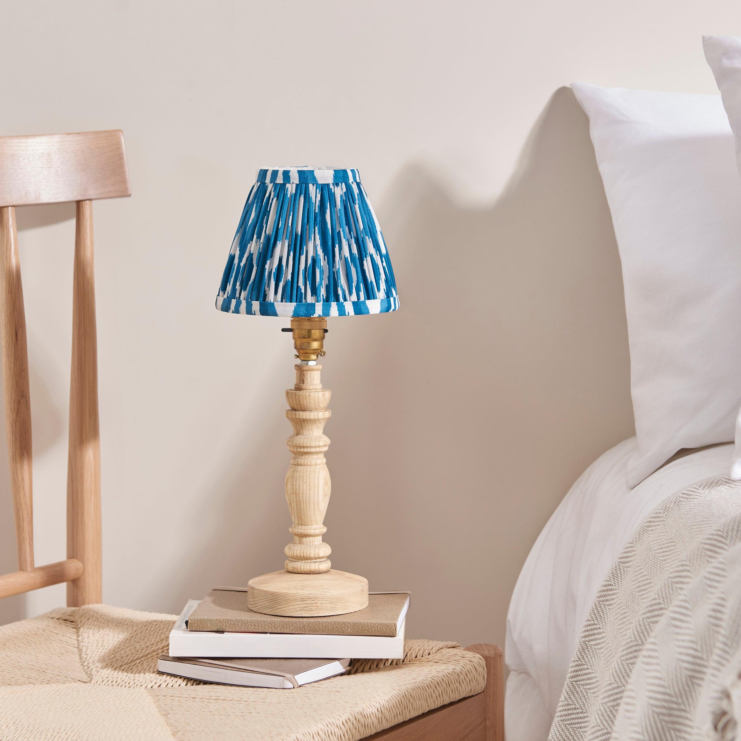 Bibury Wooden Table Lamp & Ikat 16cm Marlin Blue Shade