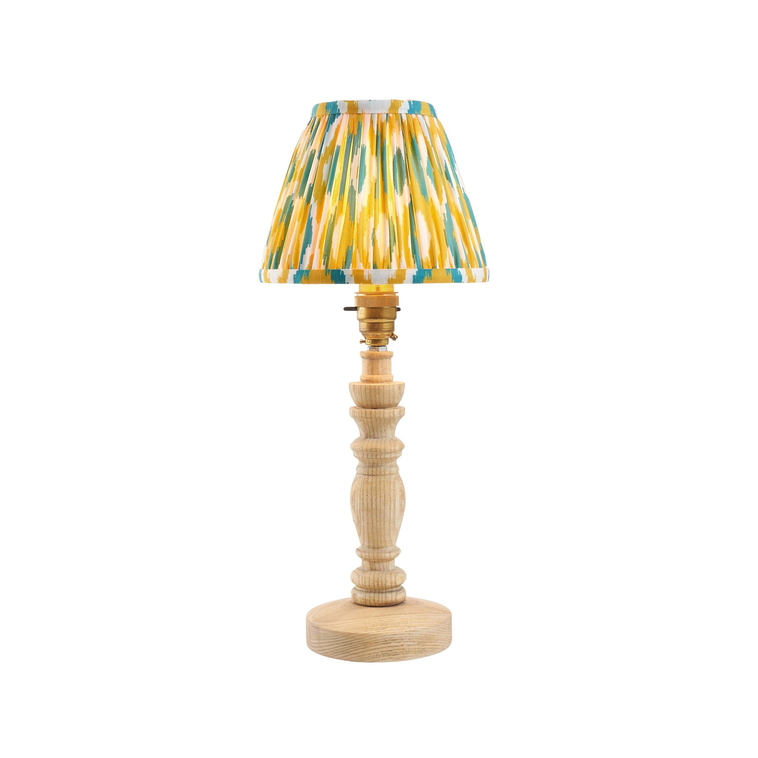 Bibury Wooden Table Lamp & Ikat 16cm Yellow & Jade Shade