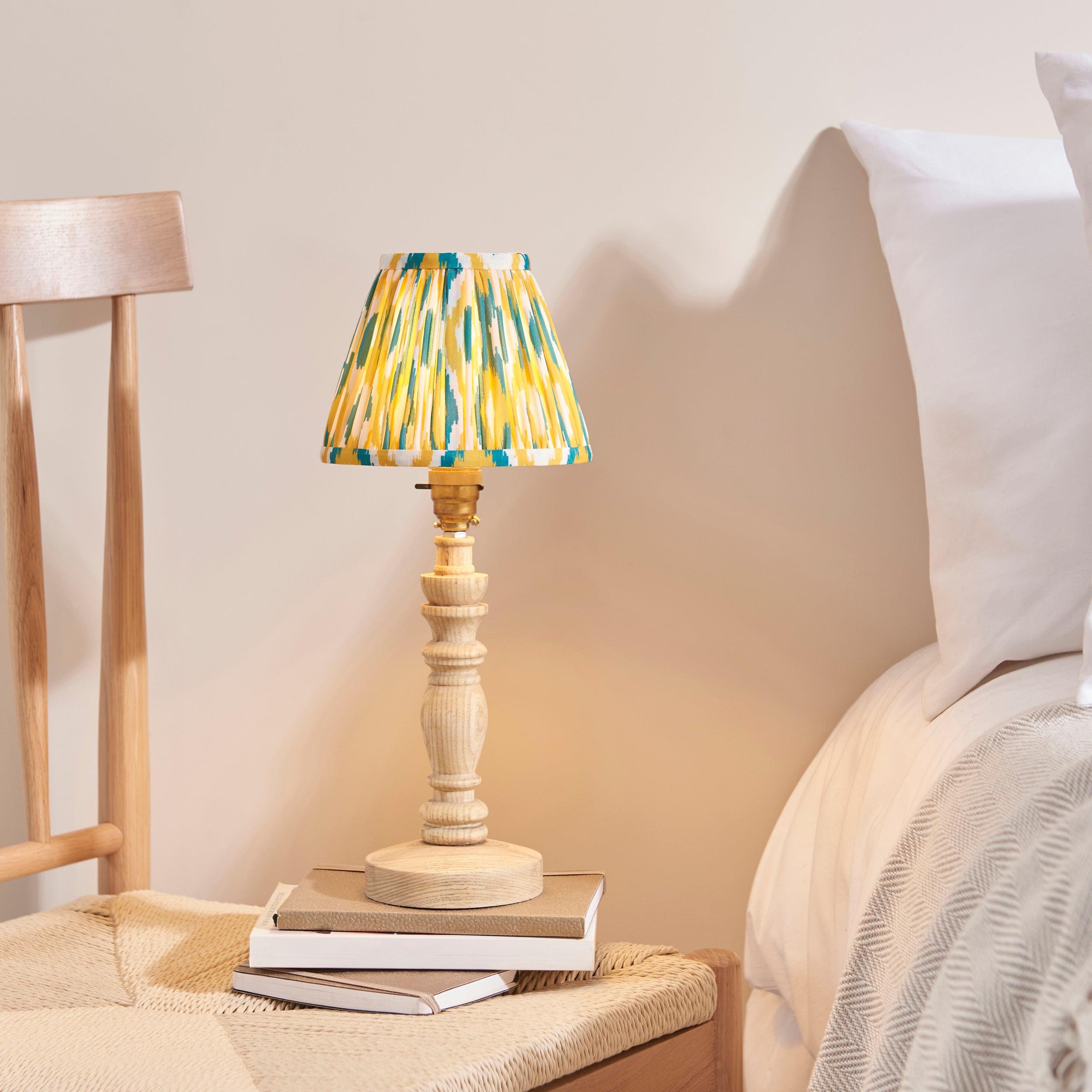 Bibury Wooden Table Lamp & Ikat 16cm Yellow & Jade Shade