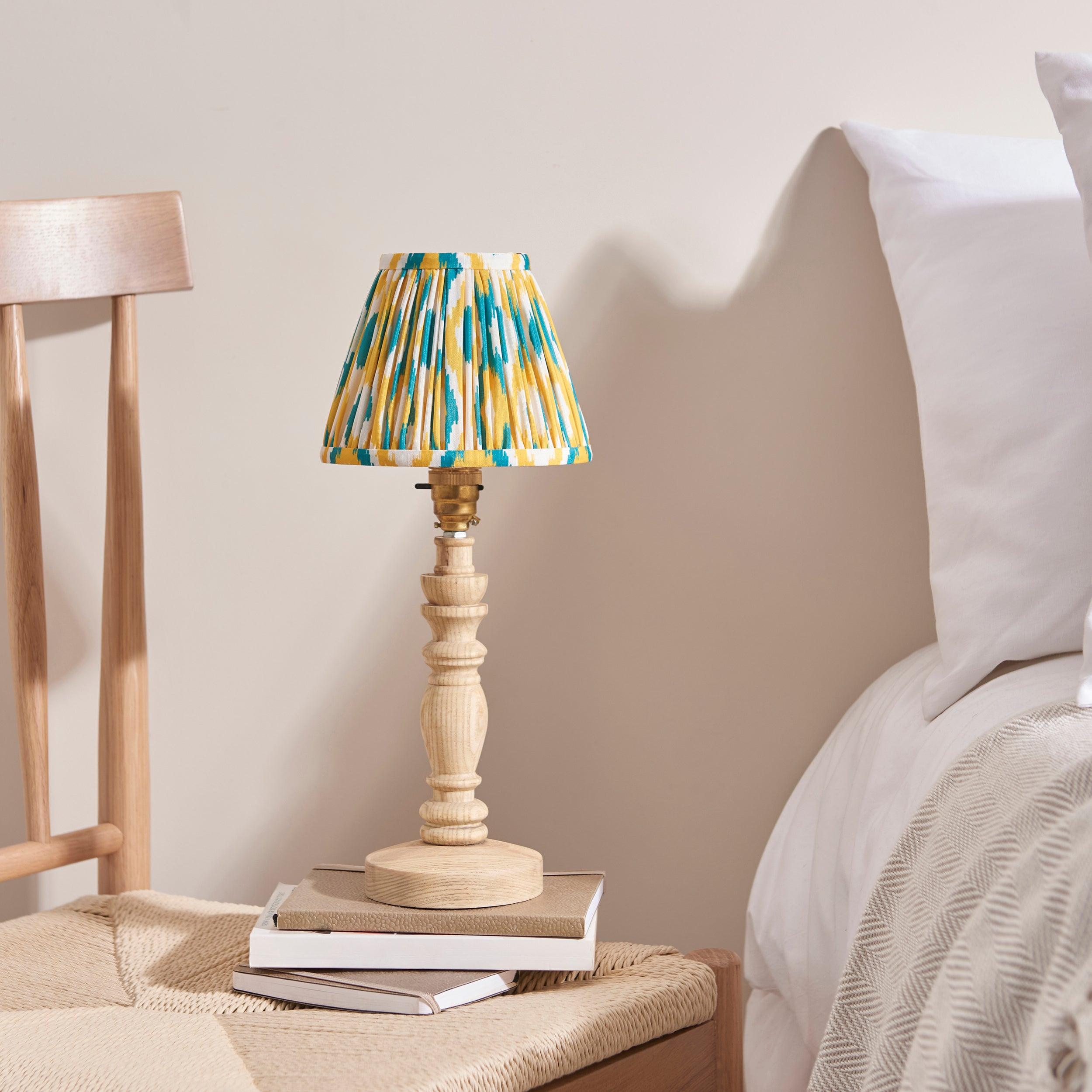 Bibury Wooden Table Lamp & Ikat 16cm Yellow & Jade Shade
